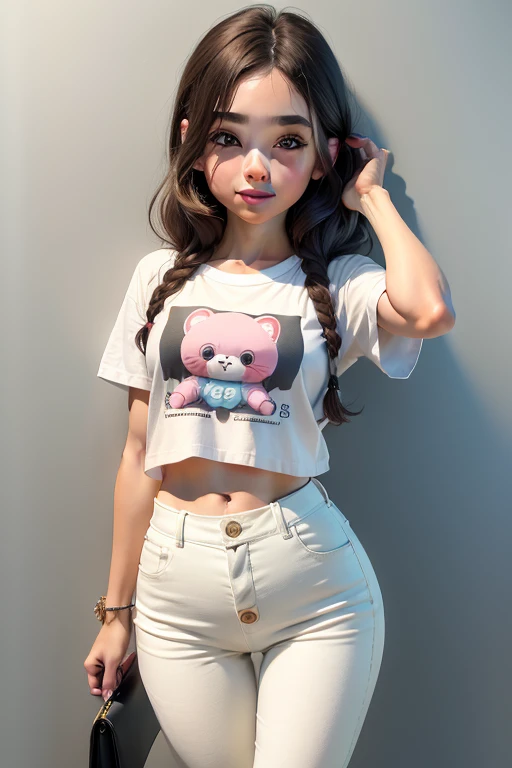 (Photograph of a beautiful girl, 14 year old, petite, blonde, Danka Martina, wearing extremely short tight bootie shorts and a tight disney inspired cropped tshirt, slim body, small body, long eyelashes, Brown eyes, glossy lips), instagram, influencer, hyperrealistic, realistic textures, full body photo