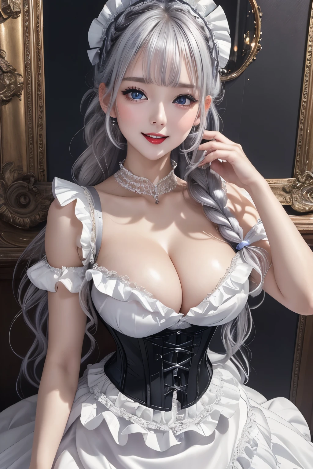 best quality, 32k, RAW photo, incredibly absurdres, extremely detailed, beautiful and cute lady, writhing in ecstasy, her face slightly raised and her lips half-open in an amorous and lewd expression, wearing cute corset ruffle long dress, large breasts, slender, perfect proportion, iridescent silver braided bangs and side hair