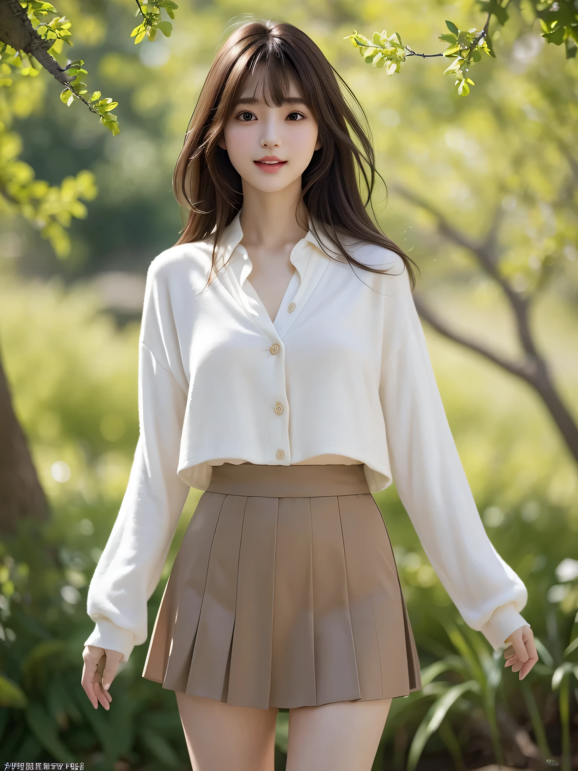 (8K, High resolution, highest quality, masterpiece:1.2)、1 Japanese girl, cute, girly, cute, gentle features、glossy lips、natural makeup, smile, (catch light:1.2), medium hair, Smooth light brown hair、hair swaying in the wind, bangs、8K、high detail、detailed hairstyle、detailed face、fine eyes、great movie lighting、octane rendering、vibrant、surreal、perfect limbs、perfect anatomy, beautiful proportions, blouse, cardigan, skirt,