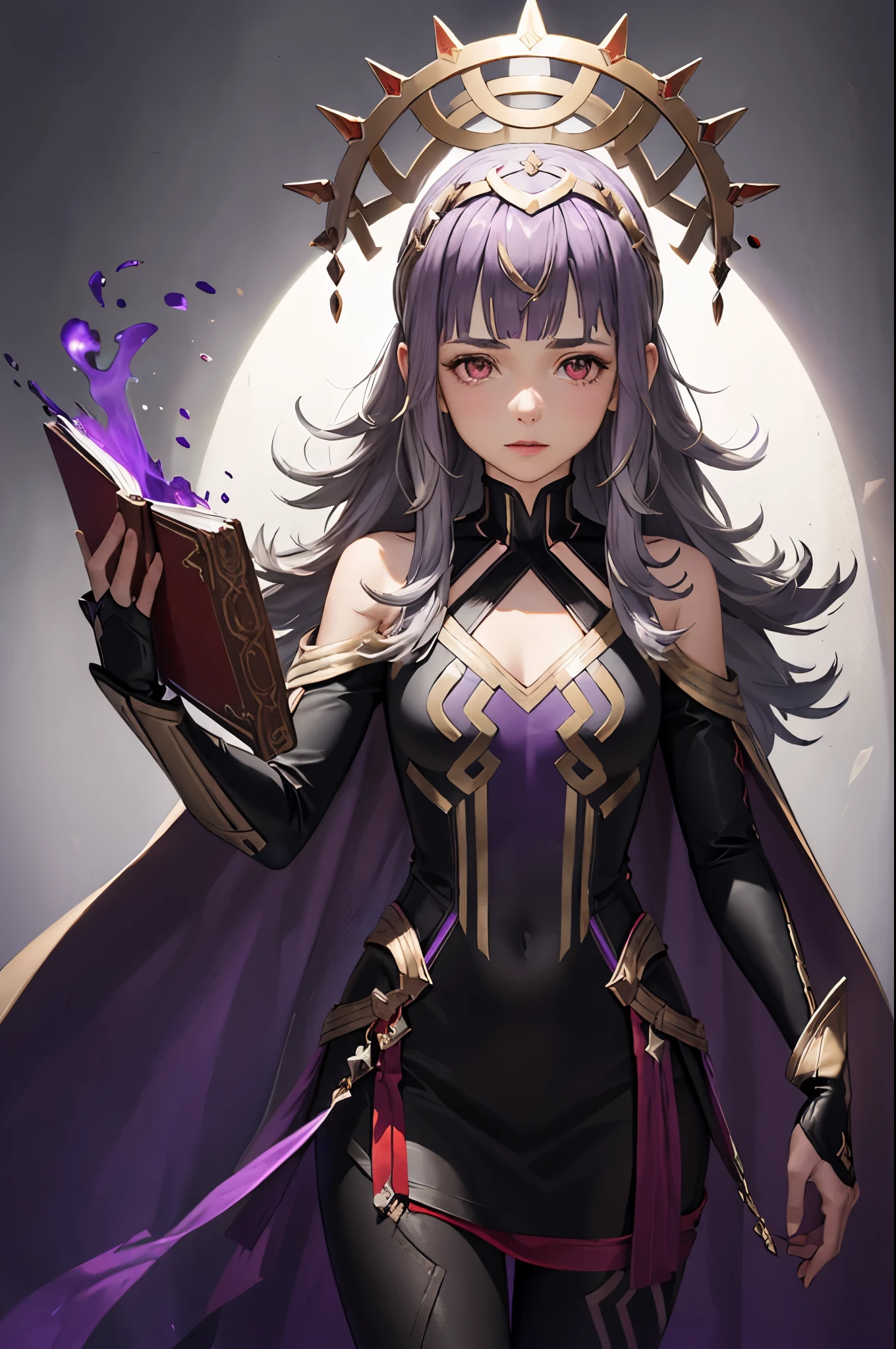 (purple aura:1.5),(holding book ,dark:1.2),, def_veronica,upper body,crown,  clothing cutout,  dress, cape,  black dress,  looking at viewer,black pants, detached sleeves, gold trim, long sleeves, bodystocking,pelvic curtain, jewelry, red cape, bare shoulders, cowboy shot, bridal gauntlets,(masterpiece, best quality, ultra-detailed, best shadow)