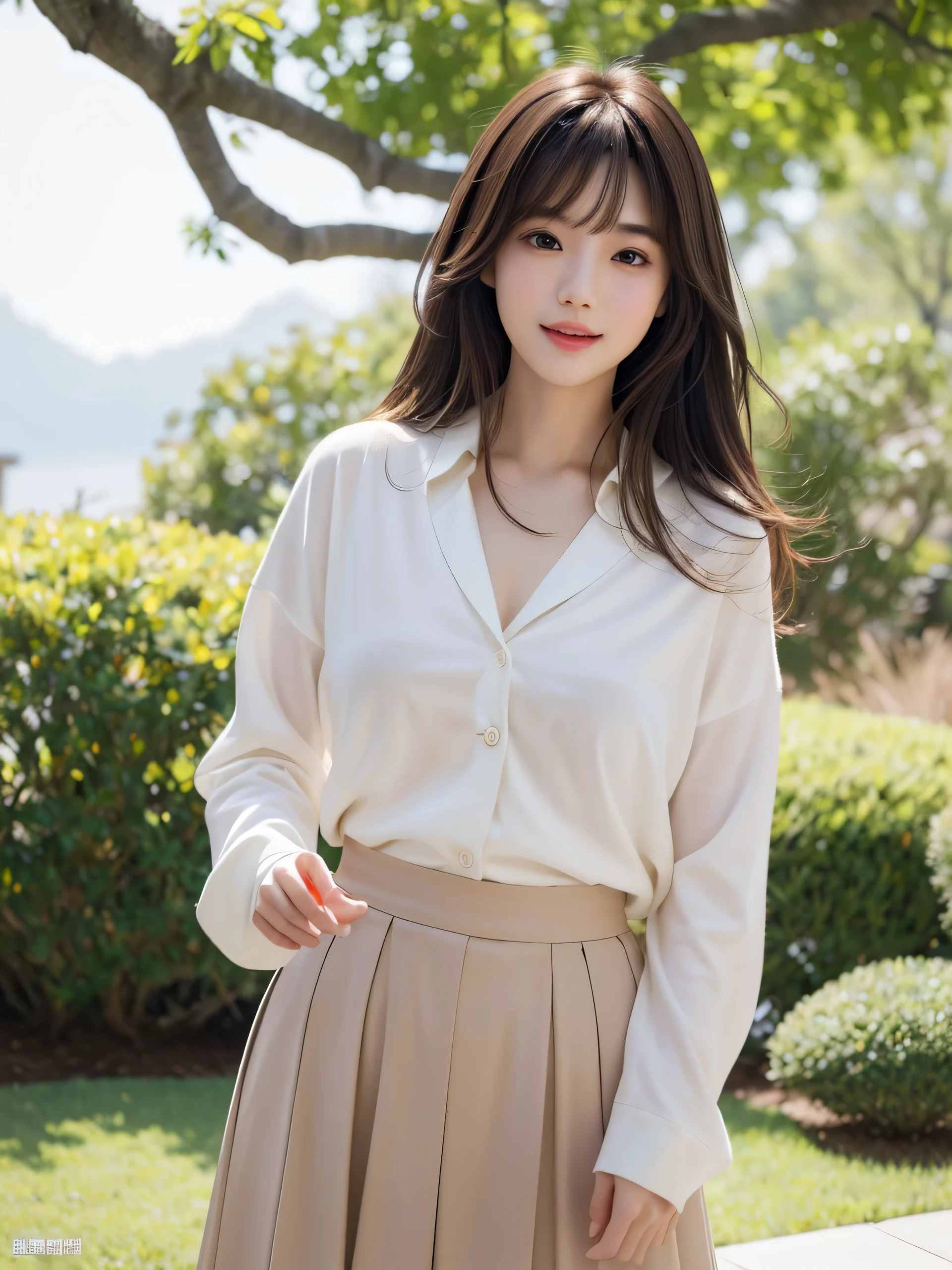 (8K, High resolution, highest quality, masterpiece:1.2)、1 Japanese girl, cute, girly, cute, gentle features、glossy lips、natural makeup, smile, (catch light:1.2), medium hair, Smooth light brown hair、hair swaying in the wind, bangs、8K、high detail、detailed hairstyle、detailed face、fine eyes、great movie lighting、octane rendering、vibrant、surreal、perfect limbs、perfect anatomy, beautiful proportions, blouse, cardigan, skirt,