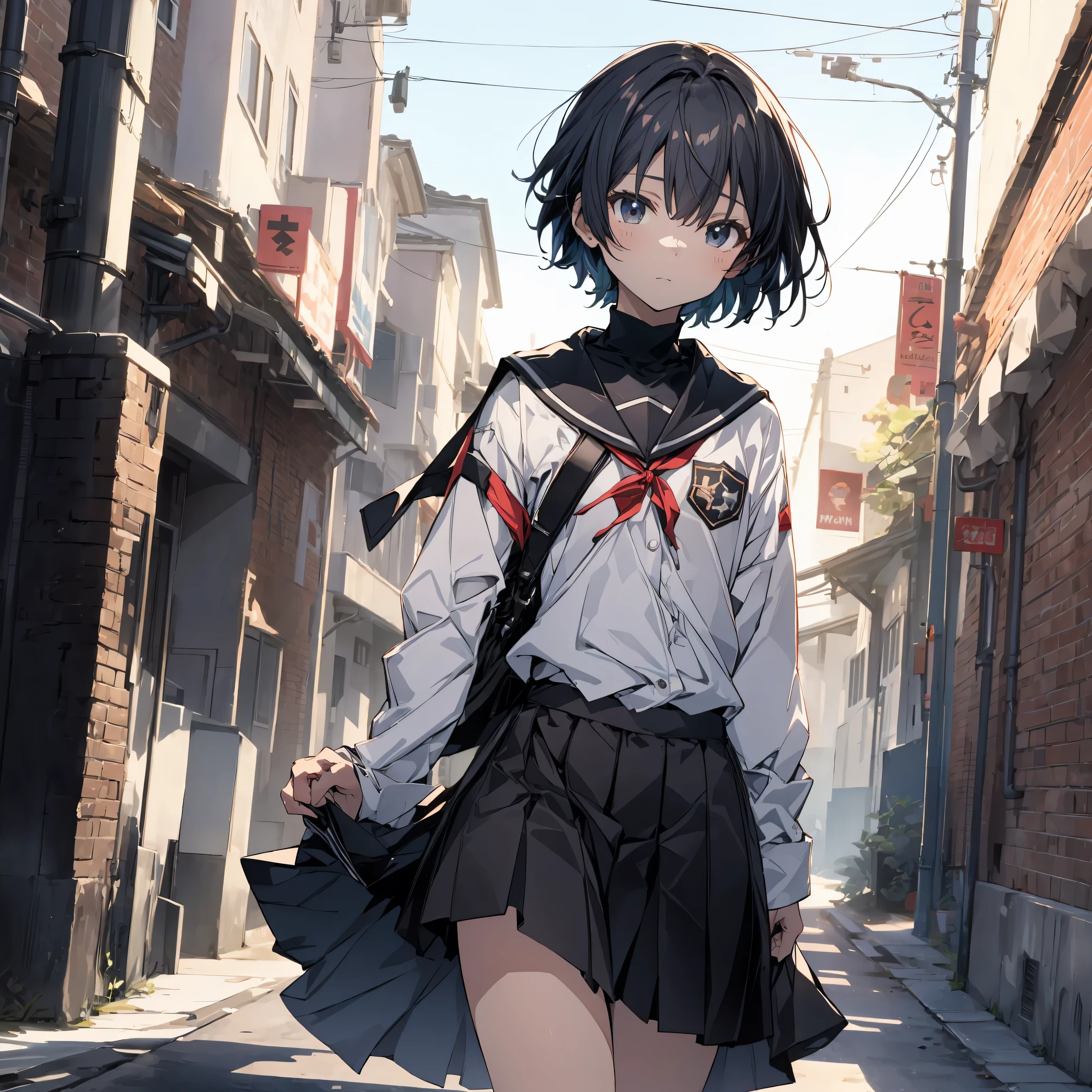Super high quality by the art god, super detailed, High resolution,Shinkai Makoto style, anime moe art style, best anime 8K konachan wallpaper, pixiv contest winner, perfect anatomy, break,(眠そうにalone学校へ行く女の子を描いてください. ),break, surreal high school girl, (alone,lolita, , 13 years old:1.3),All limbs, full finger,, androgynous charm, (very short hair), messy hair, flat chest, small ass, between legs, Small black eyes,beautiful and fine eyes, Well-proportioned iris and pupils, disgusted eyes, High resolutionの詳細な髪, wearing school uniform, (skirt), On the way to school. break,super dense skin, Best lighting by famous artists, 8K, figure,