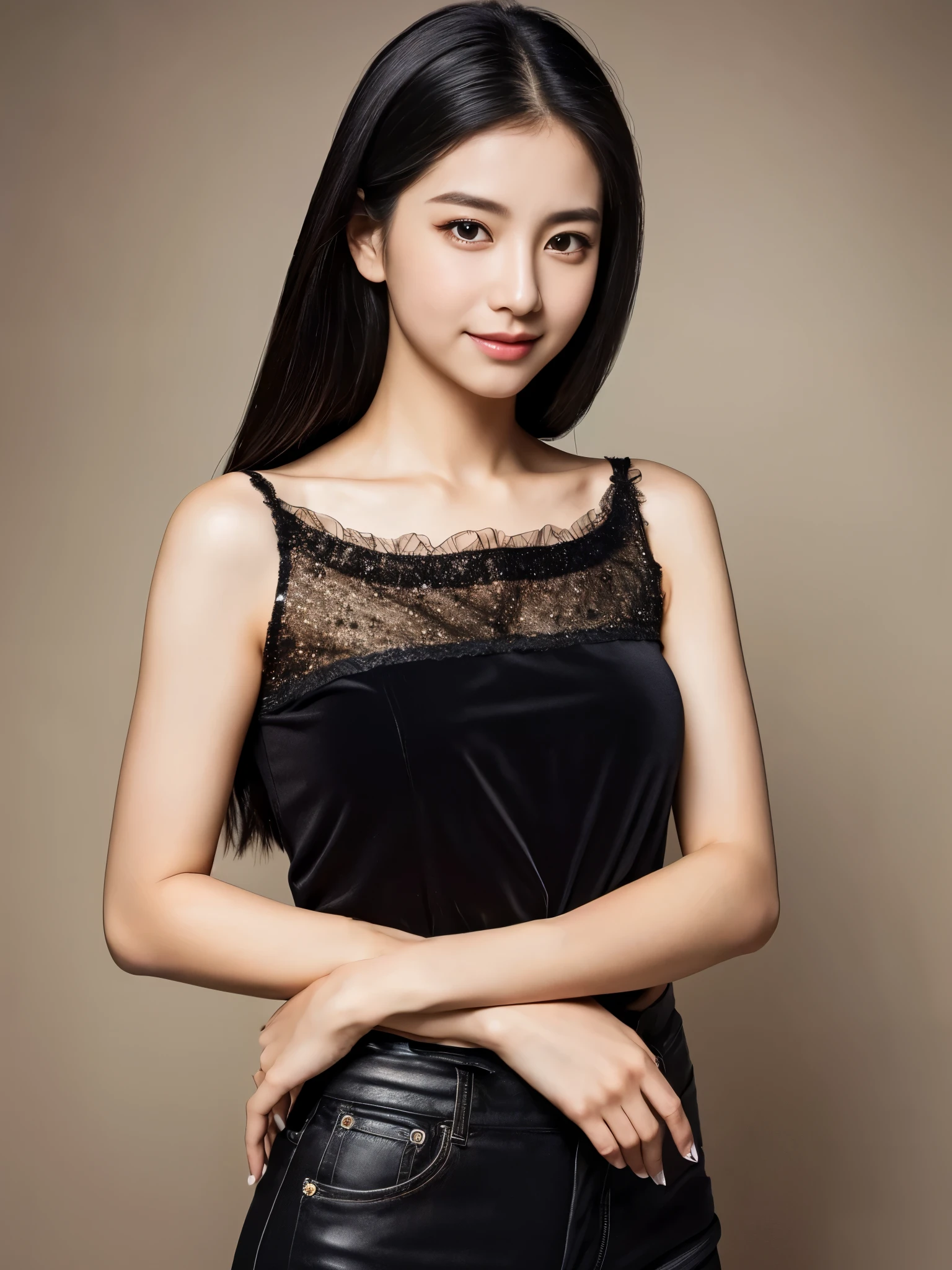 (masterpiece,high resolution,high quality)、Beautiful woman、perfect anatomy、beautiful limbs、Clear black eyes、Glittery black hair、(To live、To love)、Perfect model、beautiful skin、blouse、professional photography、