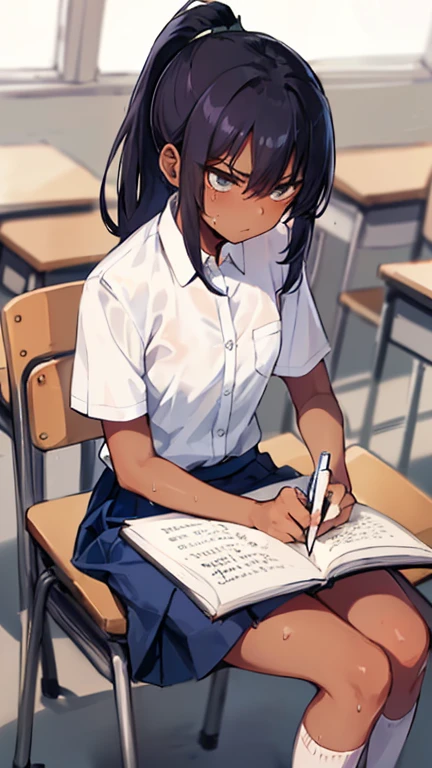 Photo of a young malay female with skinny body (((sitting & writing))) inside (((classroom))), 20yo, skinny, short body, ((((dark skin)))) , dimples,(serious face), (((ponytail with bangs))), (white button-up shirt), (blue skirt long white socks),(sneakers),(sweat)
