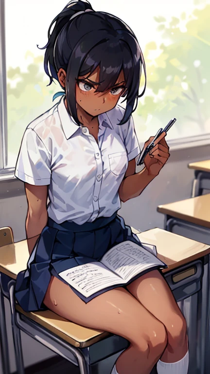 Photo of a young malay female with skinny body (((sitting & writing))) inside (((classroom))), 20yo, skinny, short body, ((((dark skin)))) , dimples,(serious face), (((ponytail with bangs))), (white button-up shirt), (blue skirt long white socks),(sneakers),(sweat)
