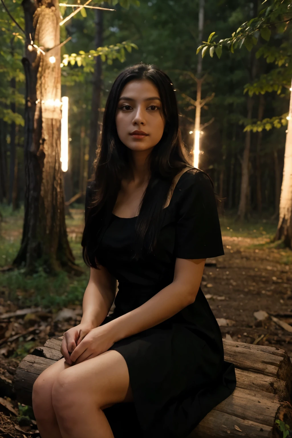 (masterpiece, Best quality), 1 girl(athena_Assamese), cute dress, long black hair, is sitting, beautiful outdoor background, night, the forest