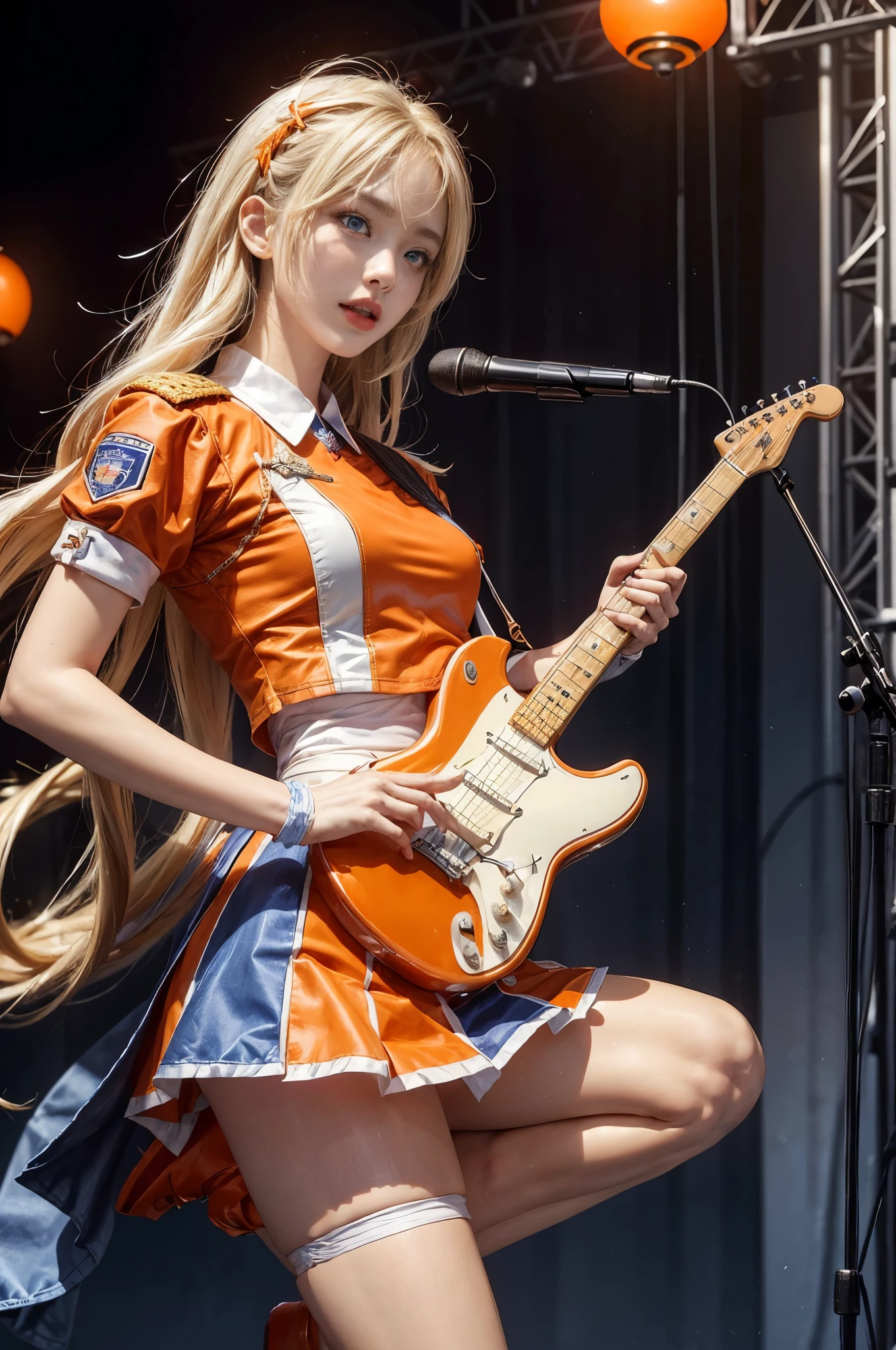 (front focus、perfect anatomy:1.5)、(Super detailed、16K quality、real skin: 1.6)、High resolution、超superior質な肌、hyper realist、Photoreal.cinematic lighting、highly detailed face、1 beautiful thai girl、 (A 19-year-old girl who is half Thai and half Japanese.、smile:1.3)(blonde そして gold hair color、big slit eyes、eye shadow、eyeliner、blue eyes:1.5)blonde、(Gradient color with bright hair tips:1.2)long flashy gal makeup、(unbalanced chest、big :1.4)sunburn、eyeliner、red lips. break
(orange and white military uniform style idol stage costume:1.3),
Color Theme:(The main colors of the costume are orange and white:1.5),
superior: (orange and white military uniform:1.5),medal,epaulet,
skirt: (プリーツskirtはオレンジを基調としています:1.2),Balances ease of movement and style.,
accessories: (Add a ribbon:1.3),gloves and decorative belts,
shoes: (orange and white boots),BREAK(Live at a glittering live house)(Guitar vocals:1.5)(ギターを演奏🎸非常に詳細で正確な手と足:1.4)(Sing happily with a stand microphone🎤:1.3)(Sense of distance from the audience、close、excited audience、腕をsuperiorげて喜ぶ観客達:1.6)Guitar vocals、plays the guitar、Sing with a stand microphone