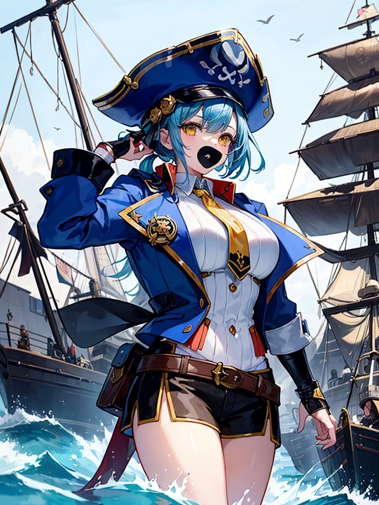 (((masterpiece、Highest image quality、highest quality、highly detailed unity 8kwallpaper)))、((Illustration of one girl、upper body))、(((beautiful girl)))、(fantasy、female pirate)、(Light light blue hair、short ponytail:1.2、yellow eyes)、(((Right hand is a prosthetic hand、steampunk prosthetic arm)))、((tall))、bulky figure, massive frame, thick neck, sturdy arms, powerful legs、(captain's suit、Pirate hat、Blue coat)、pier、pirate ship anchored、Wooden sailing ship