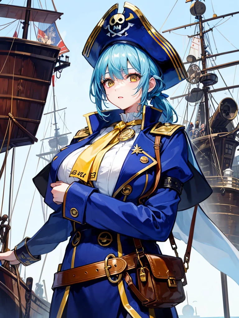 (((masterpiece、Highest image quality、highest quality、highly detailed unity 8kwallpaper)))、((Illustration of one girl、upper body))、(((beautiful girl)))、(fantasy、female pirate)、(Light light blue hair、short ponytail:1.2、yellow eyes)、(((Right hand is a prosthetic hand、steampunk prosthetic arm)))、((tall))、bulky figure, massive frame, thick neck, sturdy arms, powerful legs、(captain's suit、Pirate hat、Blue coat)、pier、pirate ship anchored、Wooden sailing ship