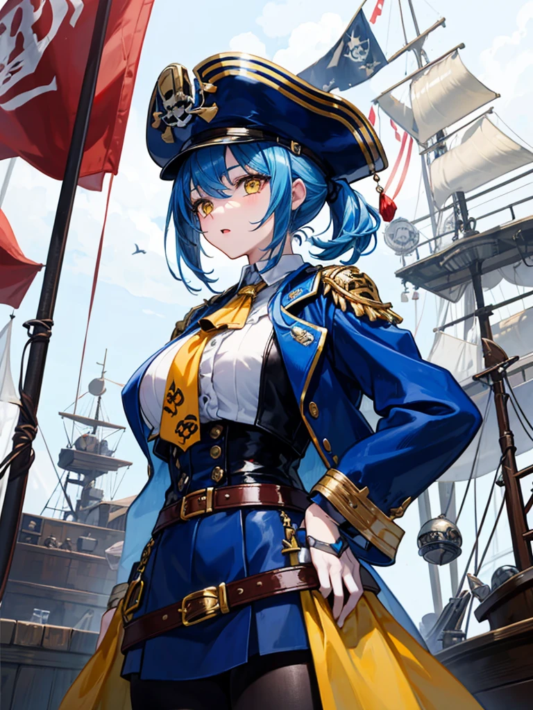 (((masterpiece、Highest image quality、highest quality、highly detailed unity 8kwallpaper)))、((Illustration of one girl、upper body))、(((beautiful girl)))、(fantasy、female pirate)、(Light light blue hair、short ponytail:1.2、yellow eyes)、(((Right hand is a prosthetic hand、steampunk prosthetic arm)))、((tall))、bulky figure, massive frame, thick neck, sturdy arms, powerful legs、(captain's suit、Pirate hat、Blue coat)、pier、pirate ship anchored、Wooden sailing ship