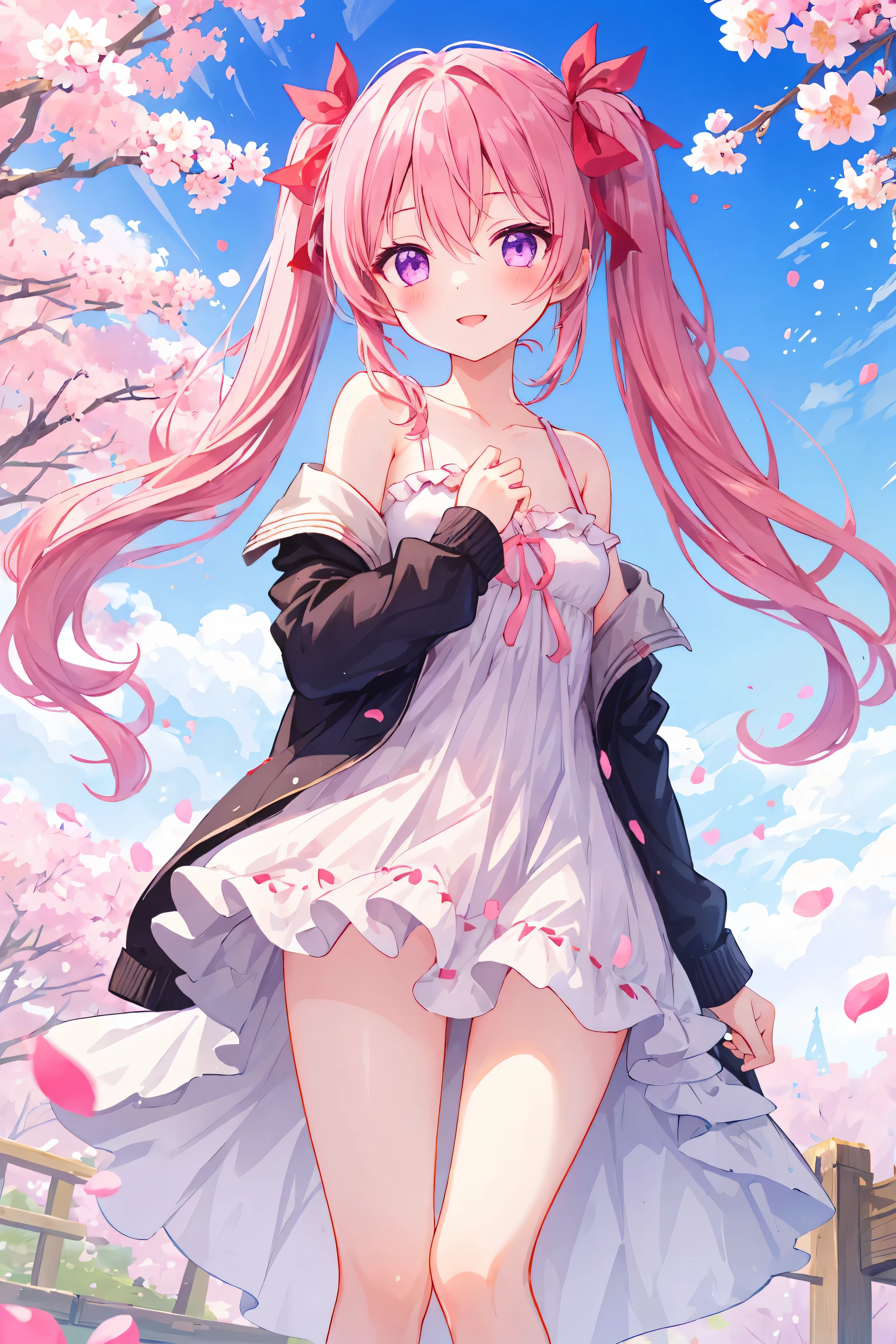 ((Highest quality)), ((masterpiece)), (detailed), high school girl、Pink twin tails、Sunny Spring、A row of cherry blossom trees with a stream flowing through it.、Slightly backlit、Wet competitive swimsuit、Ruffled mini skirt、Big thighs、Cute Boobs、Nipples erect、Sexy pose、looking at the camera、Red cheeks、Embarrassed expression、Sweat a lot、