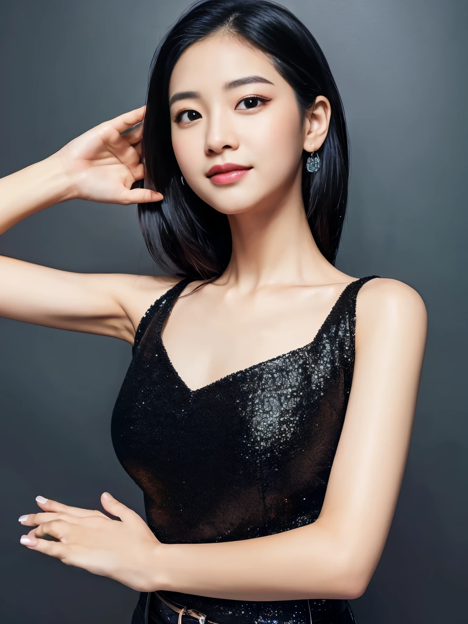 (masterpiece,high resolution,high quality)、Beautiful woman、perfect anatomy、beautiful limbs、Clear black eyes、Glittery black hair、(To live、To love)、Perfect model、beautiful skin、blouse、professional photography、