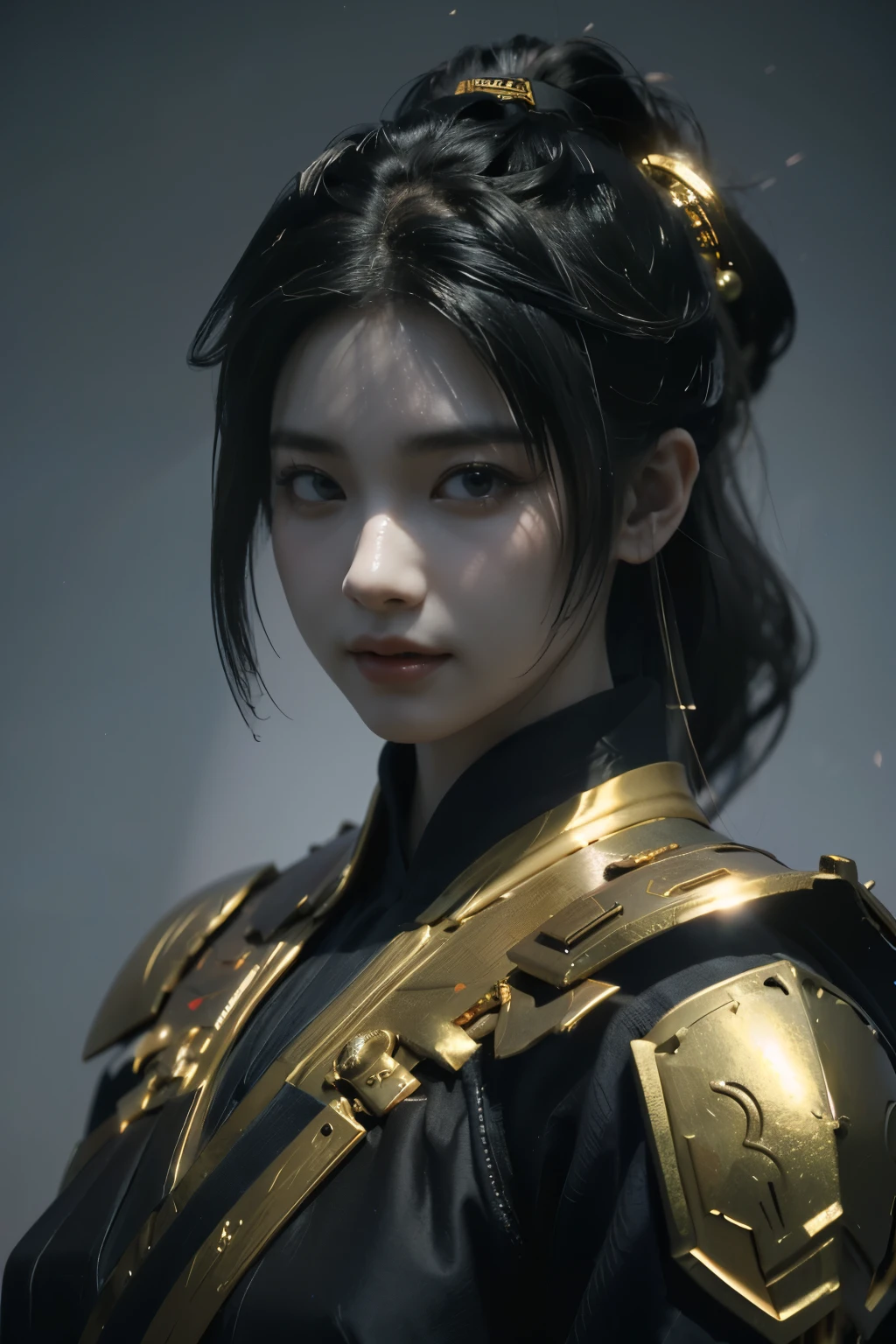 Game art，The best picture quality，Highest resolution，8K，(A bust photograph)，(Portrait from bust:1.5)，(Head close-up)，(Rule of thirds)，Unreal Engine 5 rendering works， (The Girl of the Future)，(Female Warrior)， 
20岁少女，(The warrior in ancient China)，(Short ponytail hairstyle)，An eye rich in detail，(Big breasts)，优雅高贵，冷漠，(Smile)，
(The costume of Chinese swordsman elements，Costumes of ancient Chinese characters，Armor，The costume is red and gold，Heavy armour，Joint Armor)，(Chinese Hanfu:1.3)，人物，奇幻风格，
拍照姿势，野外背景，Movie lights，Ray tracing，Game CG，((3D Unreal Engine))，oc渲染反射纹