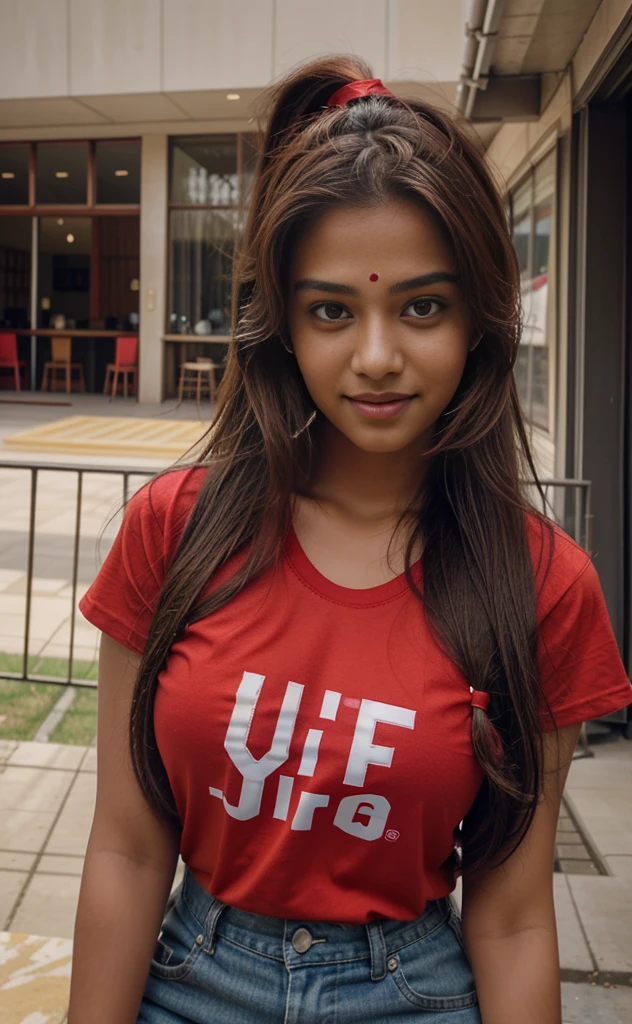 , ((a picture of indian  girl)), ((15 years oldhest quality, 8K, masterpiece: 1.3)), concentrated: 1.2, perfect beauty: 1.4, butt: 1.2, ((high up ponytail)), ((high up ponytail hairstyle)), , ((large breasts)),  (landscape background), tomboy t-shir, Highly detailed face and skin texture, narrow eyes, double eyelid,, long hair, (shut up: 1.3), smile, Unreal beauty, , indian girl, ((red colour t-shirt)),  ((ultra red colour t-shirt)), ((big forehead)),  ((16 years old girl)), ((h.1)), ((smile))