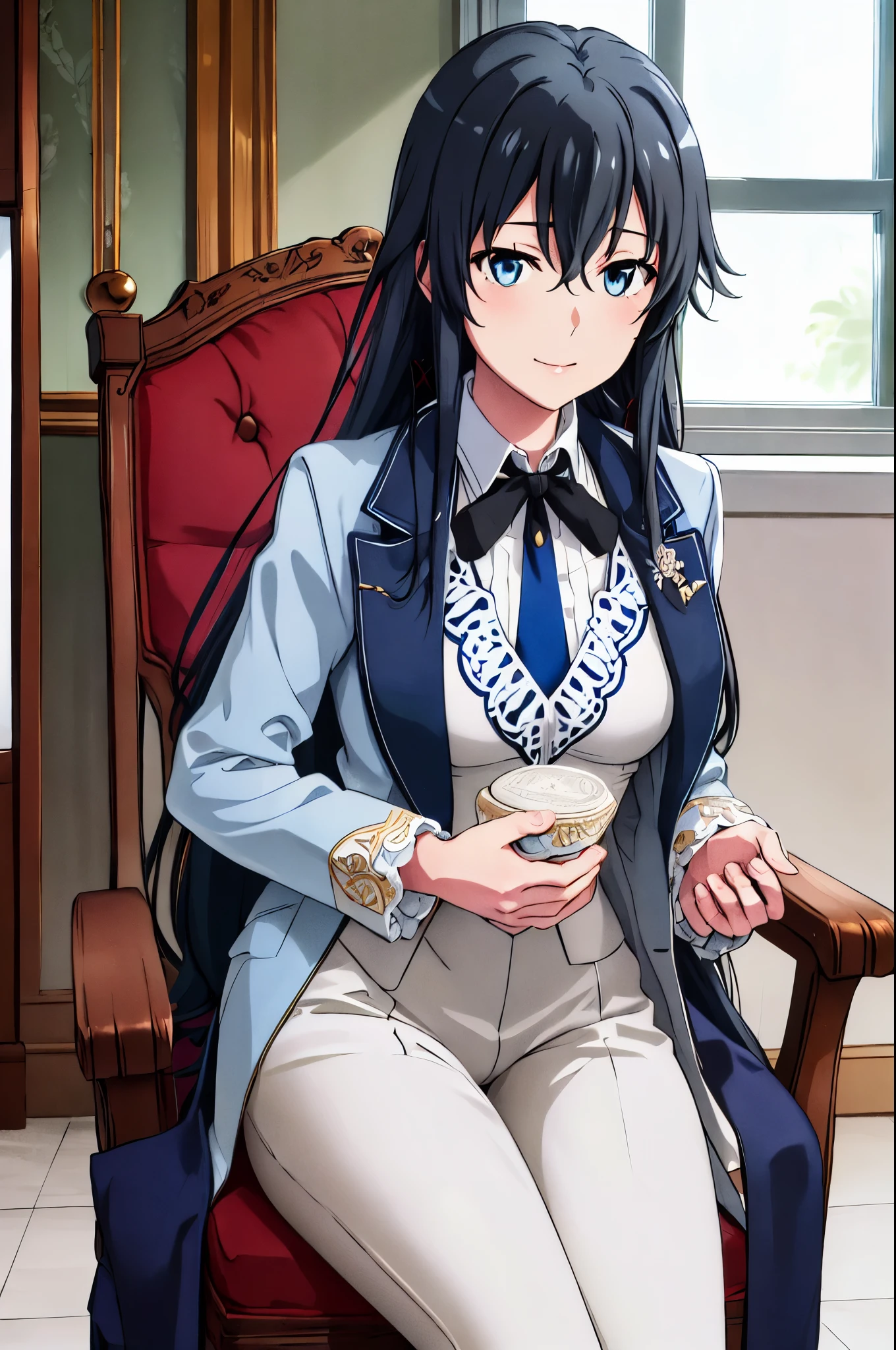 masterpiece, best quality, highres, , 1girl,((best quality)), ((masterpiece)), (detailed) 1girl 1girl, ;\), blurry, blurry_background, breasts, , hair_long looking_at_viewer, ok_sign, open_hand, Yukinoshita Yukino ,Woman wearing formal clothes, An attractive coat sitting on chair in the room , 1girl, 独奏, blue necktie, Black hair, eyes blue, long hair, smile , collared shirt, white pants, white shirt , Elegantly designed coat , Stand in front of a window ,Perfectly tailored tailcoat. It has a stunning Victorian design and is made of lustrous fabric , full body ,tailcoat butler suit, elegant pose, serene expression, flowing long hair, soft lighting, pastel color palette, detailed lace and embroidery, realistic portrait, fine brushwork, delicate facial features, captivating eyes, graceful gestures, refined atmosphere, vintage decor, polished silverware, elaborate floral arrangement, polished marble floors