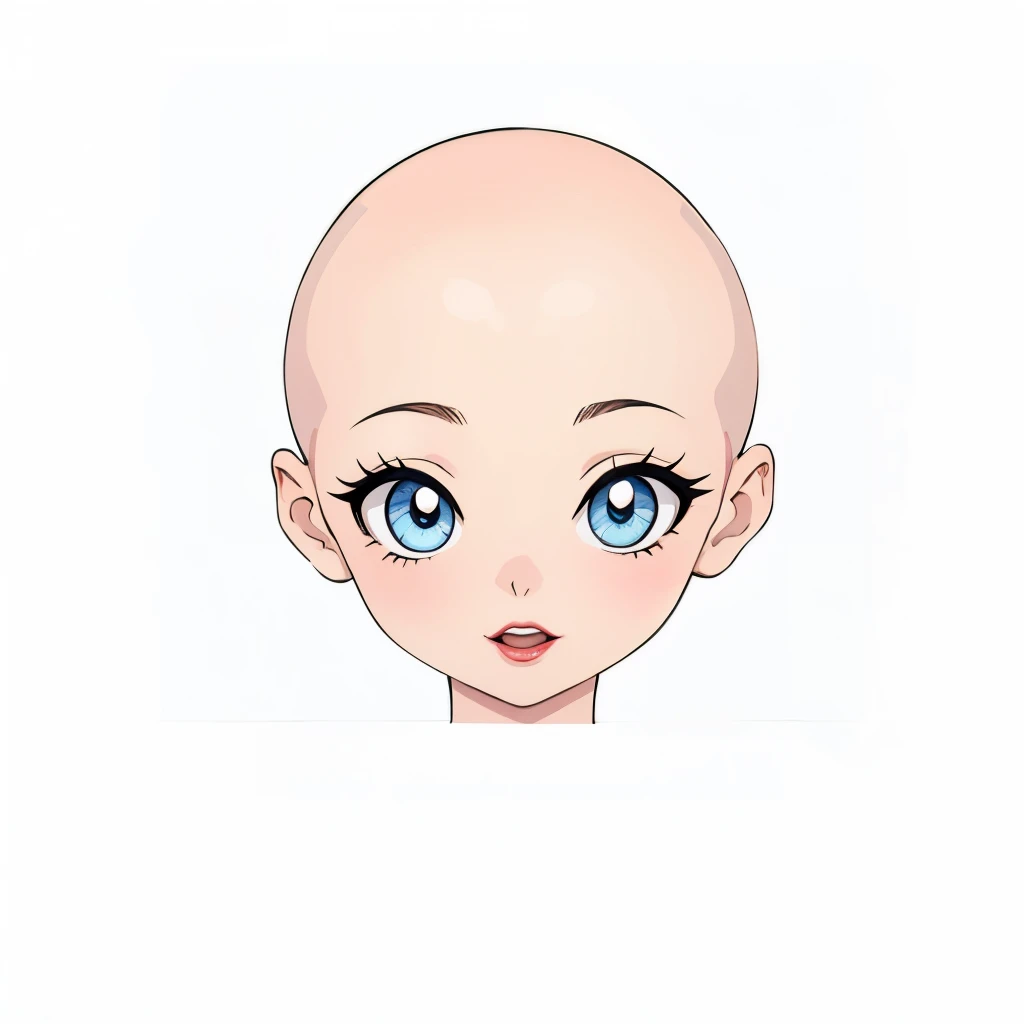 Masterpiece, Best quality, High resolution, Extremely detailed. Anime girl. Bald head, blue gradient smirking eyes, big open mouth, red lips. White background