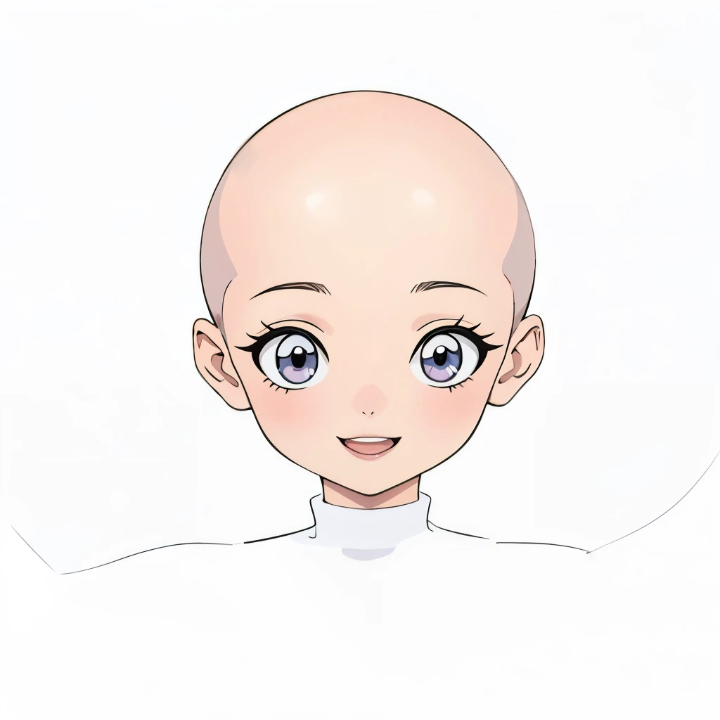 Masterpiece, Best quality, High resolution, Extremely detailed. Anime girl. Bald head, open smiling mouth. White background