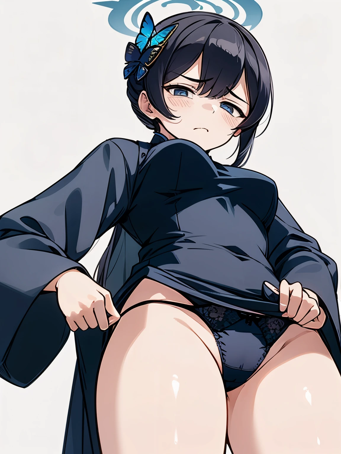 1girl,butterfly hair ornament, chinese clothes blue archive panties, lift, Showing panties, frowning, disgusted face, from below, black cheongsam