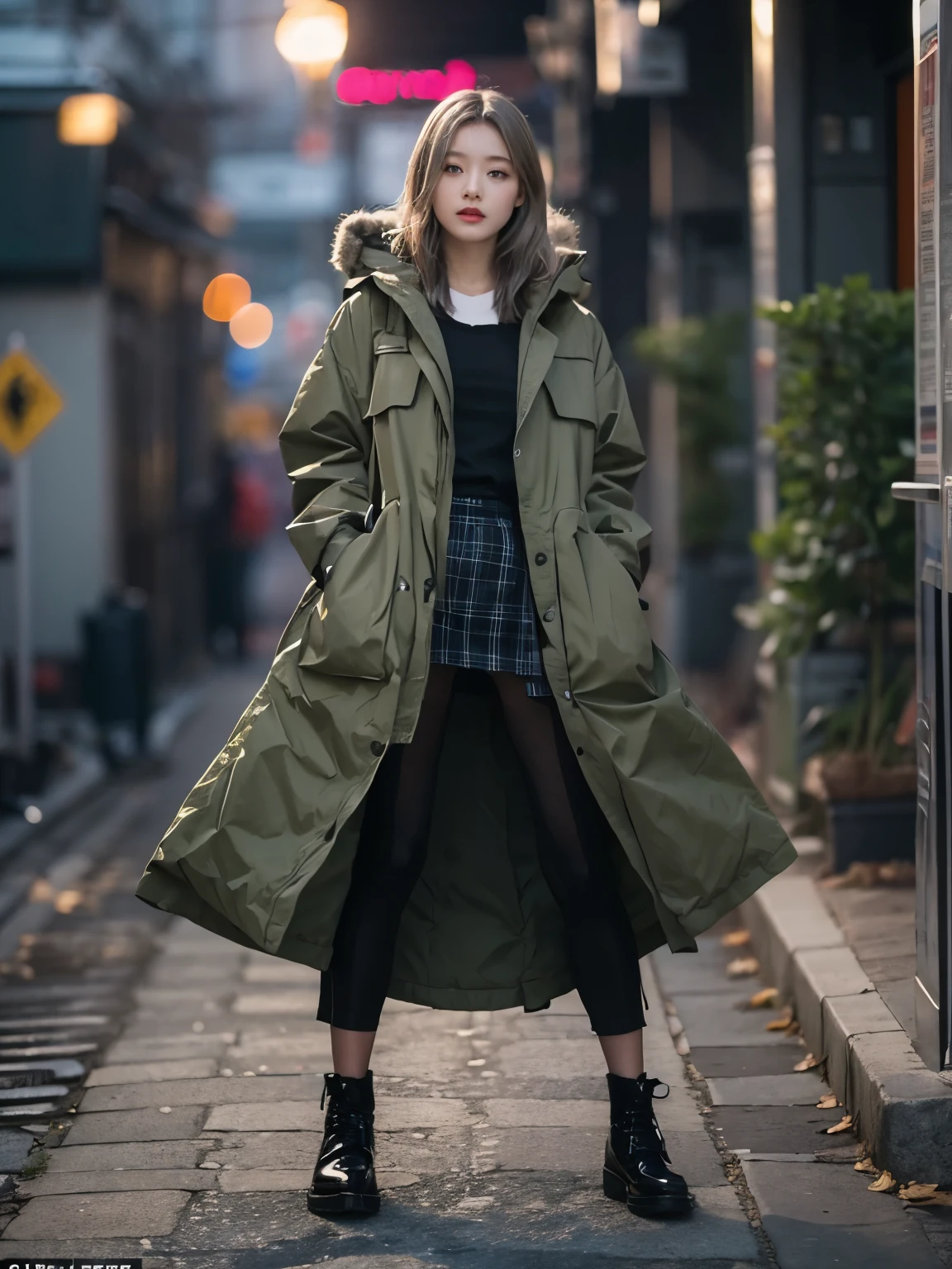 wearing olive drab PARKA SHELL M-1951, wearing black long skirt, Bewitching eyes, well-balanced eyes, //street snap //fashion model posing, ((facing viewer)), //at the street, //japanese lady, pale skin, //gray hair, //((standing)), high quality:1.3, Professional lighting:2.0 realistic:1.2, 4k resolution, detailed skin, masterpiece:1.1, big breasts,