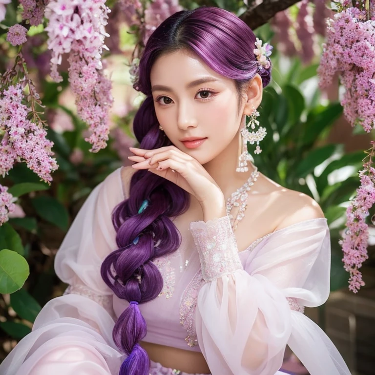 the personification of lychee, With flowing purple hair and an outfit reminiscent of the translucent glow of lychee fruit, air of sophistication, elegant face, filled with knowledge and affection, calm personality, the aroma of lychee in every detail