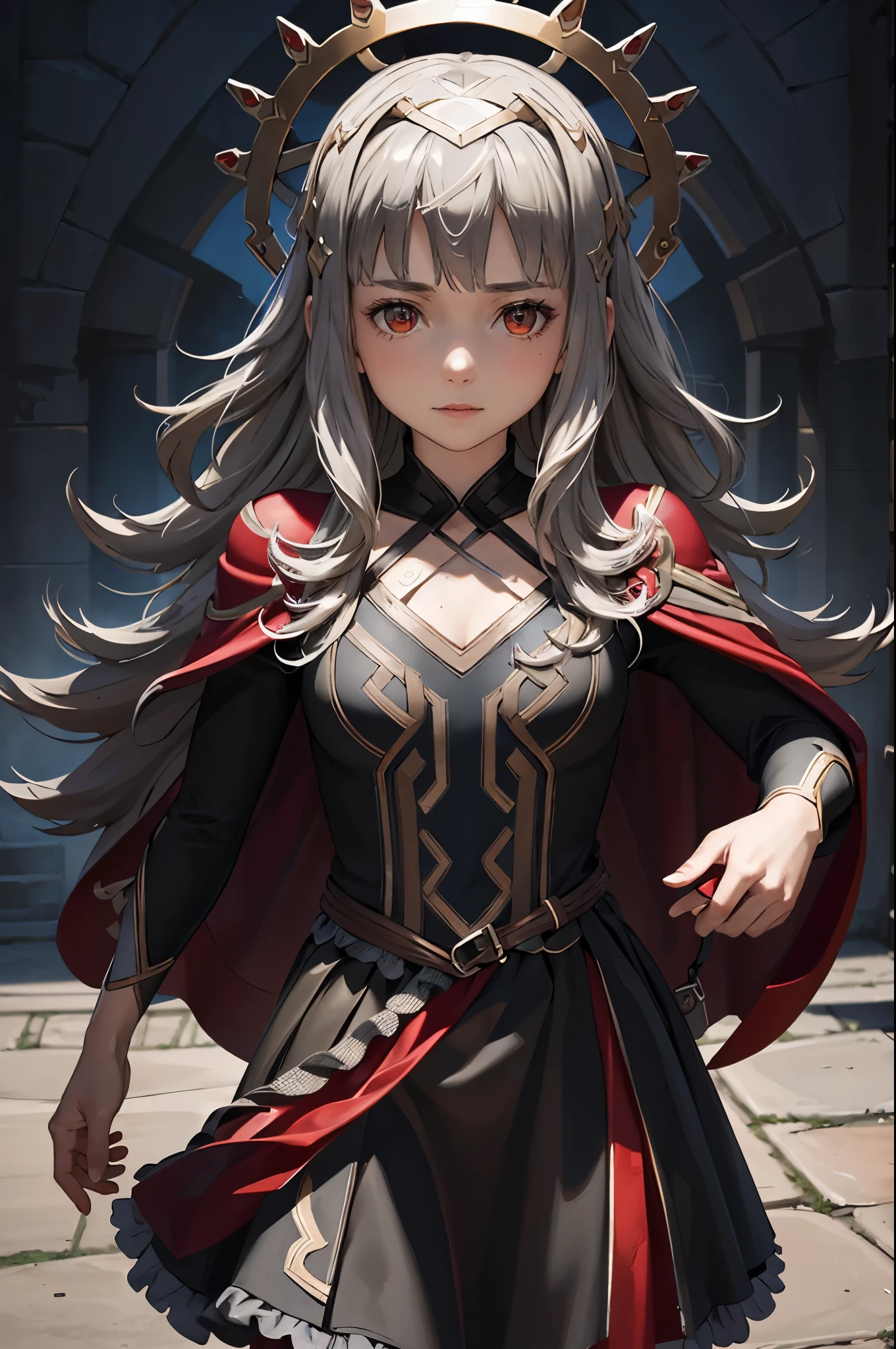 masterpiece,best quality, def_veronica, upper body, crown, red cape, black dress, looking at viewer, cowboy shot,(masterpiece, best quality, ultra-detailed, best shadow)