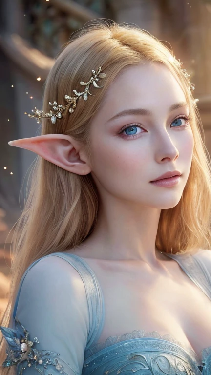 (highest quality, 4K, High resolution, masterpiece:1.2), Super detailed, realistic, radiant lighting, epoch elf, portrait, fantastic color, Fine art, etheric being, dream-like, Capricious creatures, detailed facial features, shining eyes, Elven Beauty, fantastic shine, mythical creatures, harmonious composition, Dazzling colors, stunning visual effects, A different world, Captivating artistry, 
