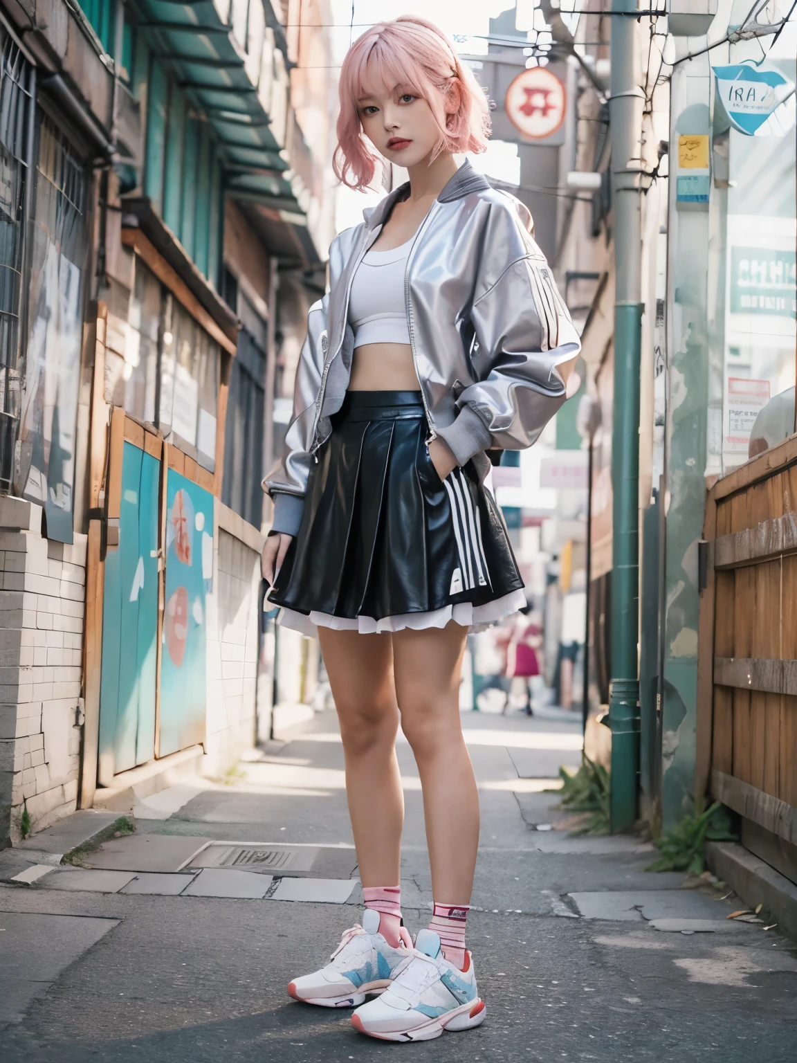 wearing adidas leather track jacket, wearing long skirt, kawaii, Bewitching eyes, well-balanced eyes, //street snap //fashion model posing, ((facing viewer)), //at the street, //japanese lady, pale skin, //pink hair, //((standing)), high quality:1.3, Professional lighting:2.0 realistic:1.2, 4k resolution, detailed skin, masterpiece:1.1, big breasts, cleavage, fullbody,