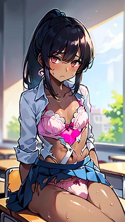 Photo of a young malay female with flat chest (((sitting & writing))) inside (((classroom))), 20yo, skinny body, short body, ((((dark skin)))) , dimples,((panic face, bulge eyes)), (((ponytail with bangs))), (torn_white_button-up_shirt:1.3), (torn_blue_skirt:1.3),(pink cotton bra, pink cotton panties),(sweat)