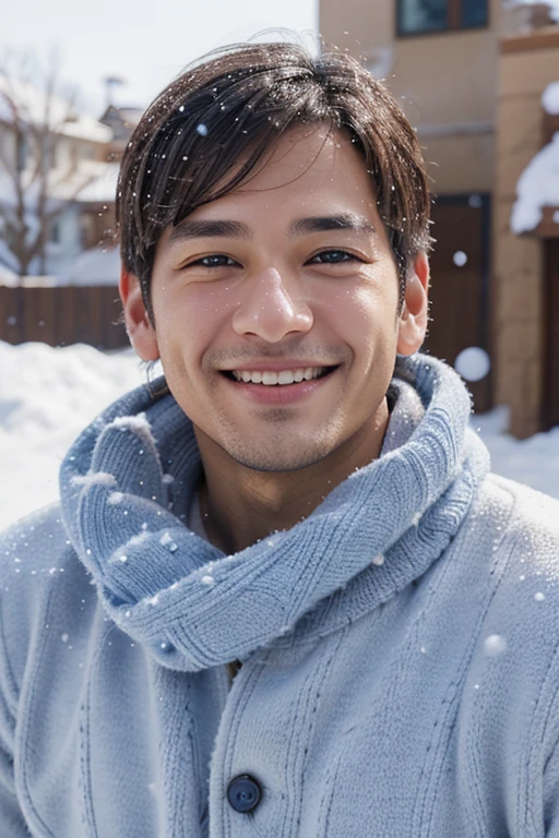 blue sky background, Beautiful Men, brown eyes, 극 realistic, extremely delicate, smiley face, Male in his 30s, soft laughter, realistic, Adonis, snowy winter, blue neck stone, 