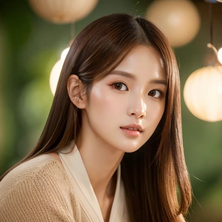 the personification of lychee, brown straight hair and an outfit reminiscent of the translucent glow of lychee fruit, air of sophistication, elegant face, filled with knowledge and affection, calm personality, the aroma of lychee in every detail
