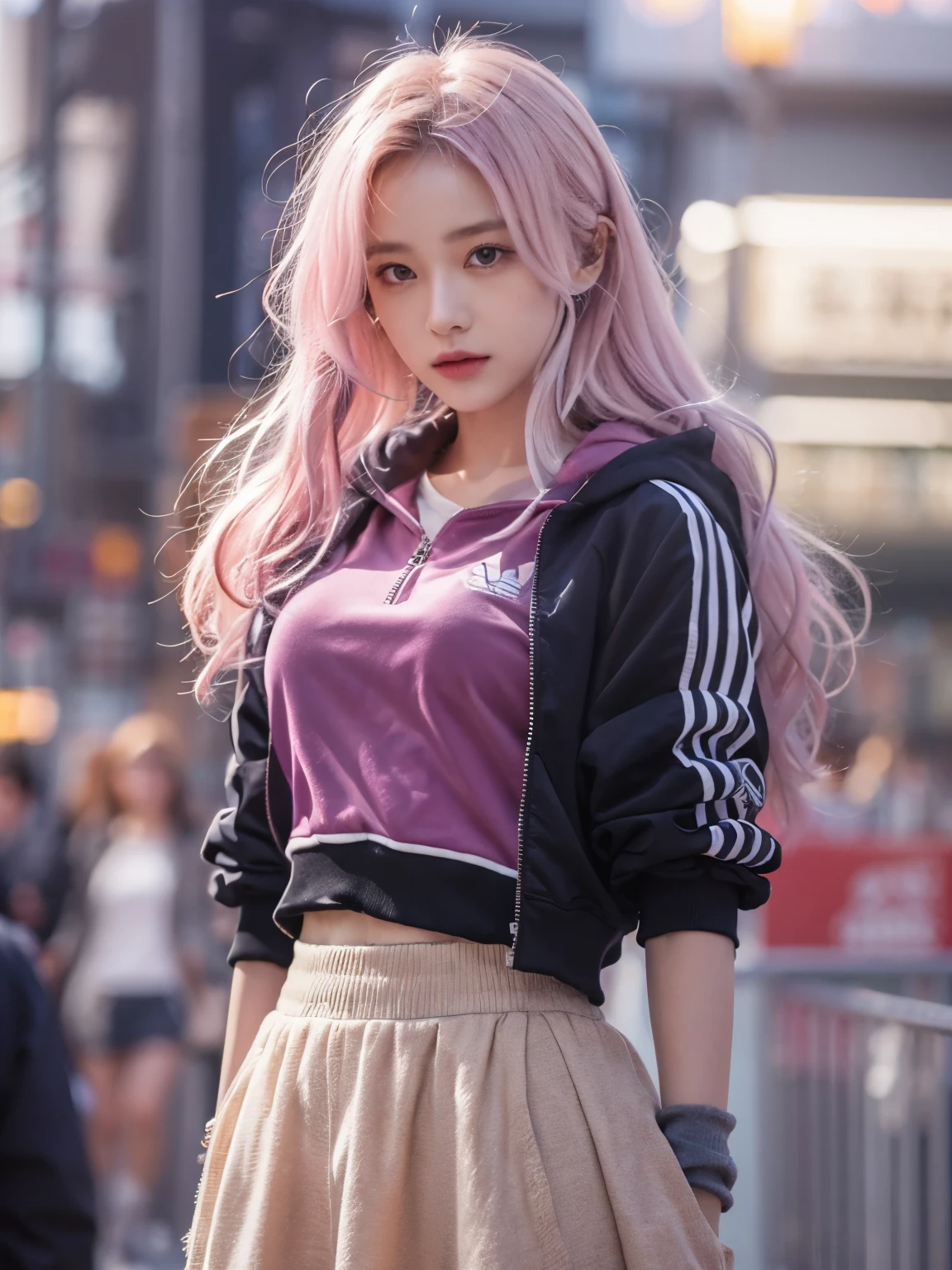 wearing adidas track jacket, wearing long skirt, kawaii, Bewitching eyes, well-balanced eyes, //street snap //fashion model posing, ((facing viewer)), //at the street, //japanese lady, pale skin, //pink hair, //((standing)), high quality:1.3, Professional lighting:2.0 realistic:1.2, 4k resolution, detailed skin, masterpiece:1.1, big breasts, fullbody,
