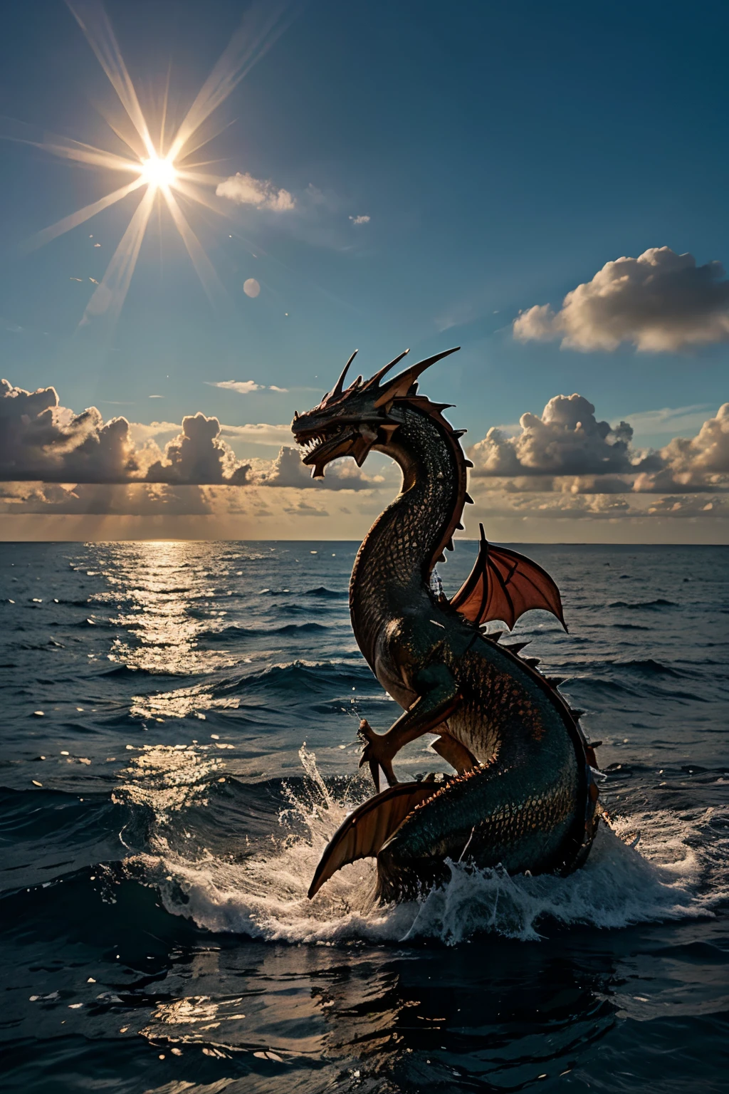 fish, sea,dragon,sun,clouds,blod