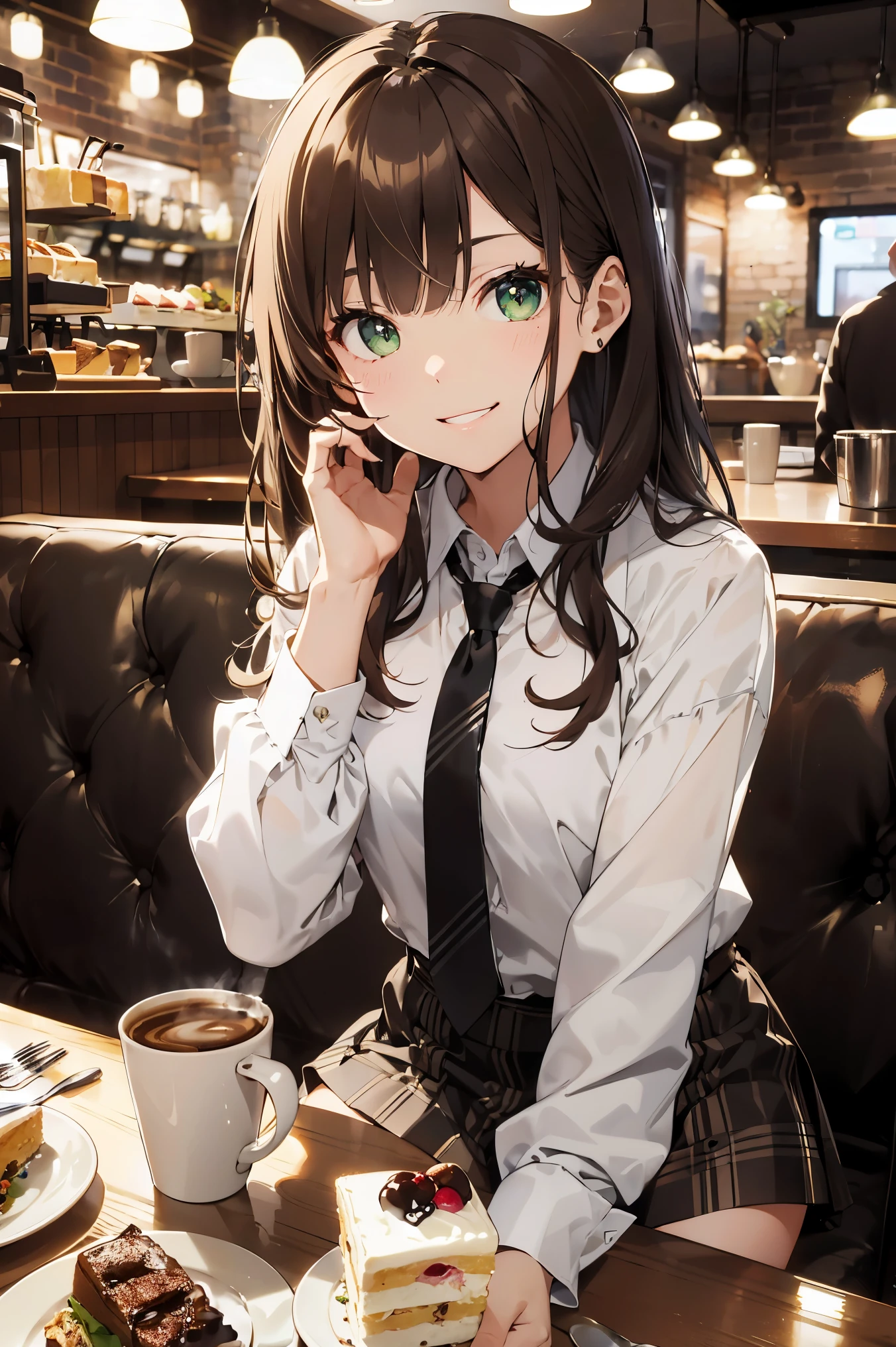 (top-quality、in 8K、32K、masterpiece、nffsw、超A high resolution、Impresionismo、Photorealsitic:1.2)、cowboy shot、foco nítido、detailed faces and eyes、(There is a plate of cake and coffee on the table, cafes, sitting on a mocha-colored table, dessert, Miniature Cafe Diorama, diner caffee, in coffee shop, cozy cafe background, enjoying coffee at a coffee shop, sitting in a cafe, shot with sony alpha 1 camera, by Maki Haku)、Sharp pupils、Realistic pupils、beauitful face、18 year old beautiful girl、shinny skin、Medium Short、Beautiful dark brown hair、Blunt bangs、Green-eyed eyes、Shirt、neck tie、Plaid miniskirt、Black socks、Put your right hand on your cheek、(looking happy smile:1.2)、Mel Kishida
