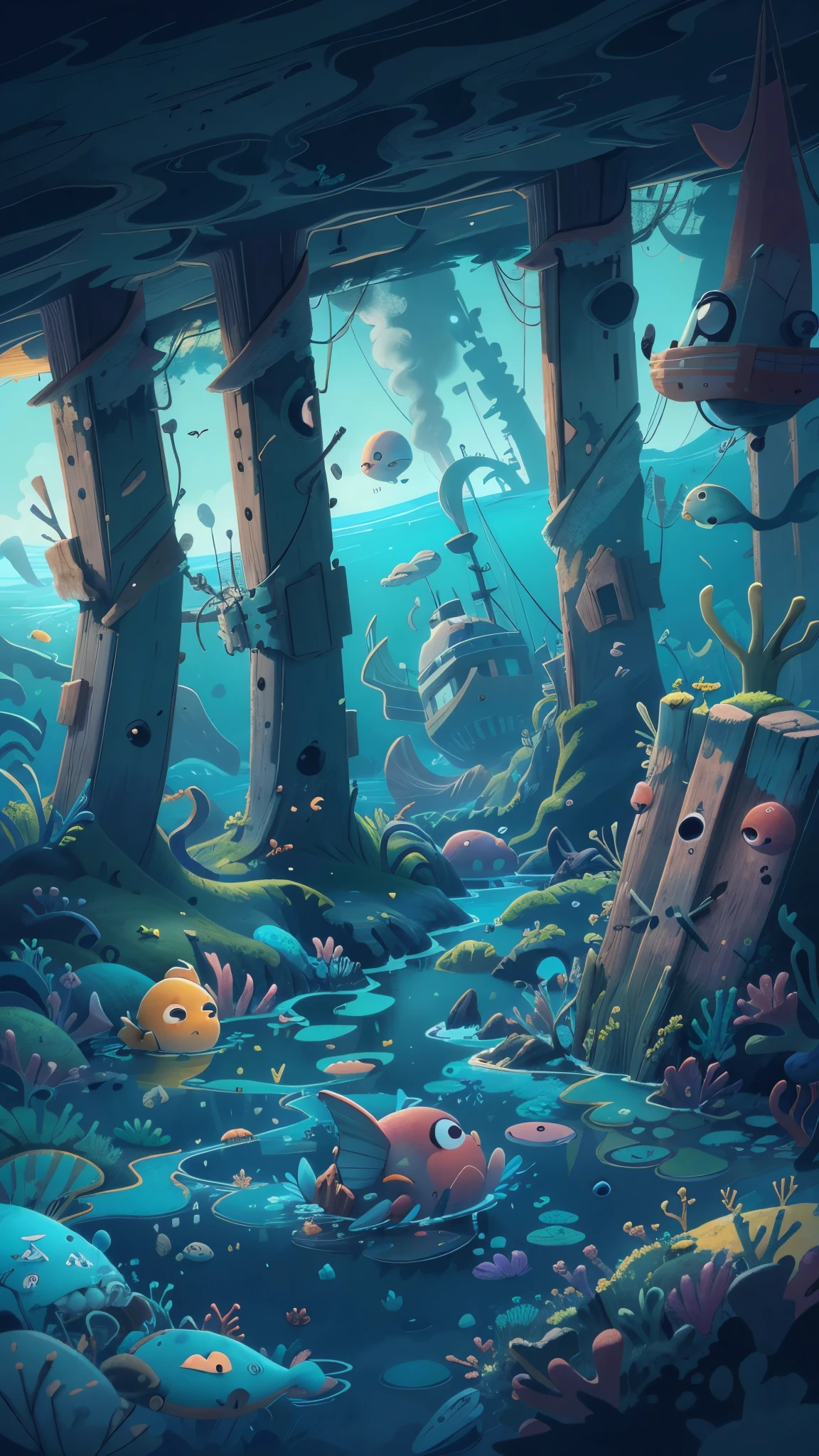 Deep in the ocean,deep sea,seabed,dappled sunshine,Cool colors,shipwreck,remains,Scene illustration,Pixar style, best quality, stills,