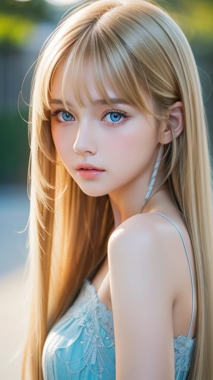 real photo quality、 beautiful girl、extraordinary sexy beauty、Beautiful, gentle and bright look、sexy refreshing look、Perfect beautiful cute face with long bangs、super long blonde straight hair、Beautiful facial hair、very cute beautiful sexy young little womatiful cute face so perfect and beautiful、beautiful clear pale blue eyes