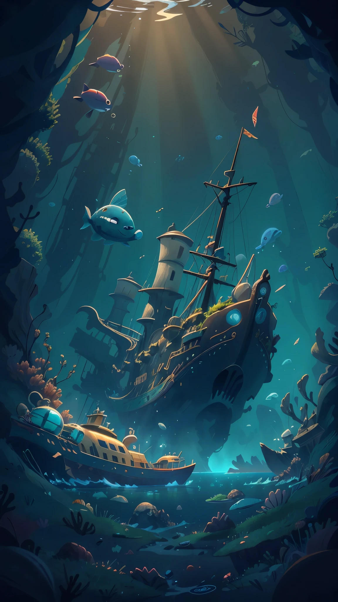 Deep in the ocean,deep sea,seabed,dappled sunshine,Cool colors,shipwreck,remains,Scene illustration,Pixar style, best quality, stills,simple background,Deep space,