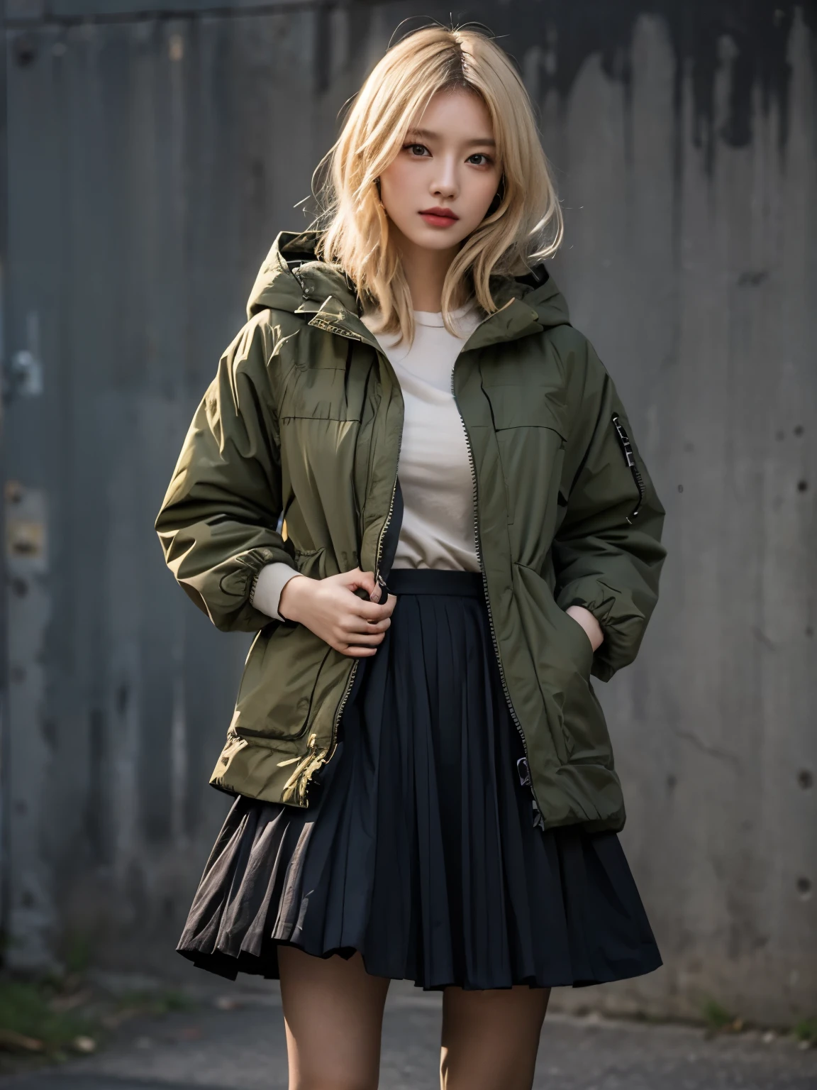 wearing olive drab PARKA SHELL M-1951, wearing black long skirt, Bewitching eyes, well-balanced eyes, //street snap //fashion model posing, ((facing viewer)), //at the street, //japanese lady, pale skin, //blonde hair, //((standing)), high quality:1.3, Professional lighting:2.0 realistic:1.2, 4k resolution, detailed skin, masterpiece:1.1, big breasts,