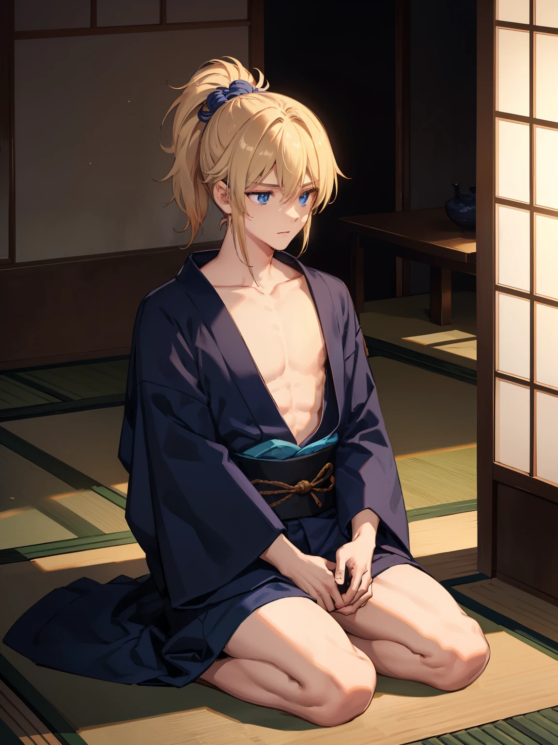 1boy,Masculinity,blond hair,ponytail,blue eyes,no bra,A Japanese-style room,late at night,alone,kimono