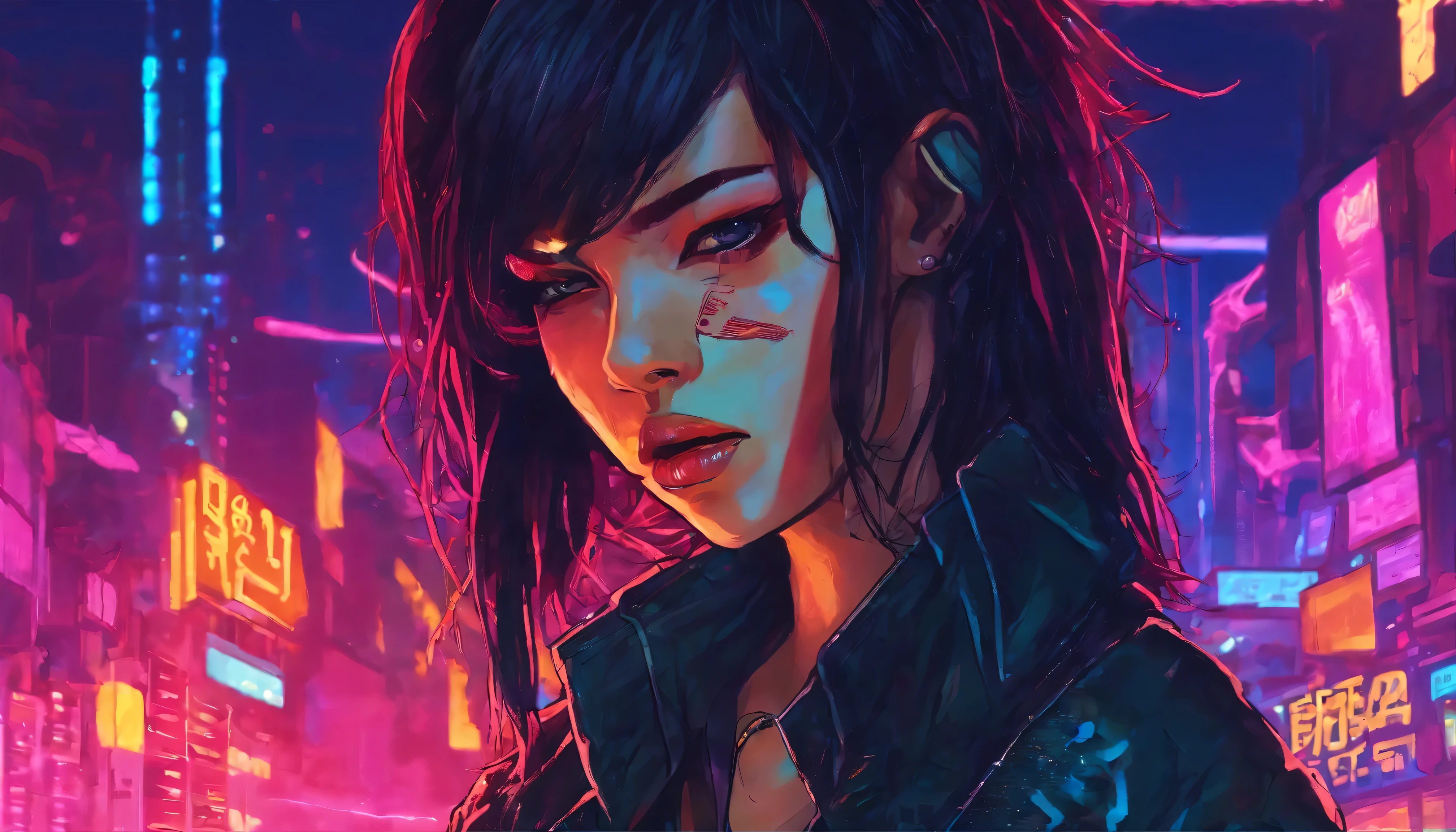 gorgeous female korean black metal singer with long escuro hair with sidecut tied up, with tight black overcoat and tight shorts, cheio de tatuagens, Apresentando-se em um concerto, escuro, pintura com pincel estilo pulp fiction, melhor qualidade, obra de arte