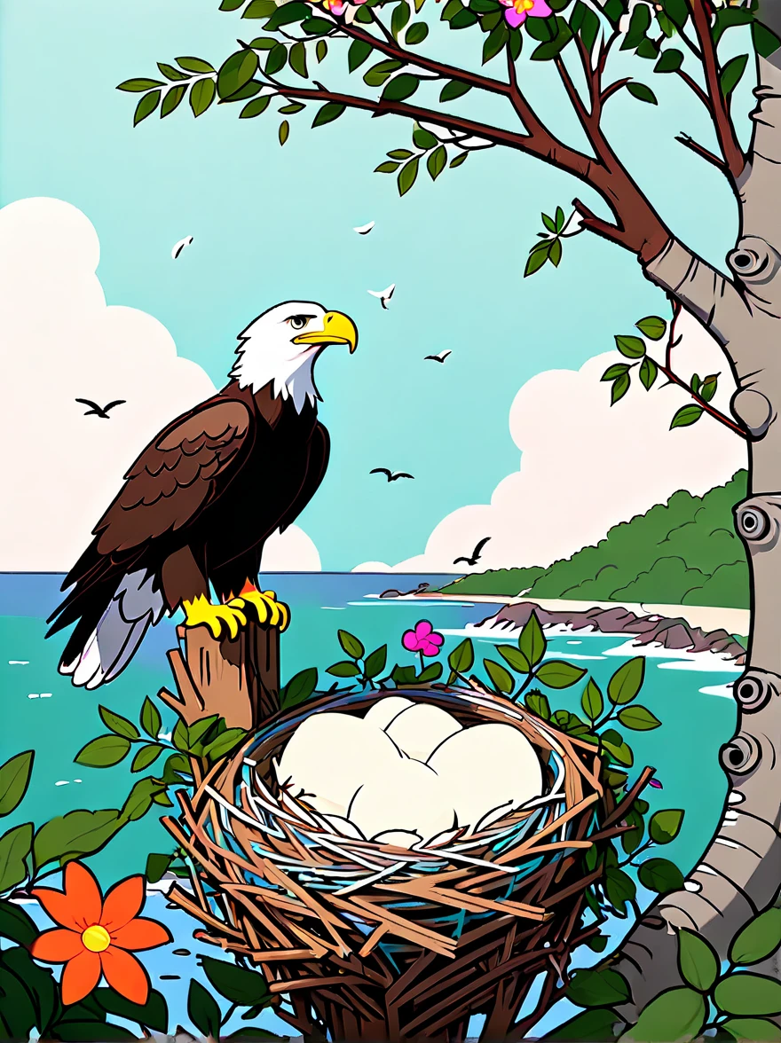 Cliffs by the sea,Cute bald eagle,((Sophisticated and beautiful nest:1.5)),branches,green leaves,Colorful flowers and diverse plants, graffiti in the style of Keith Haring,sharpie illustration, Bold lines and solid colors, Simple details, minimalist,\(qline\)