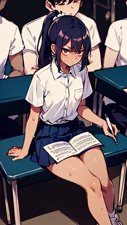 Photo of a young malay female with flat chest (((sitting & writing))) inside (((crowded classroom))), 20yo, skinny body, short body, ((((dark skin)))) , dimples,(serious face), (((ponytail with bangs))), (white button-up shirt), (blue skirt long white socks),(sneakers),(sweat)