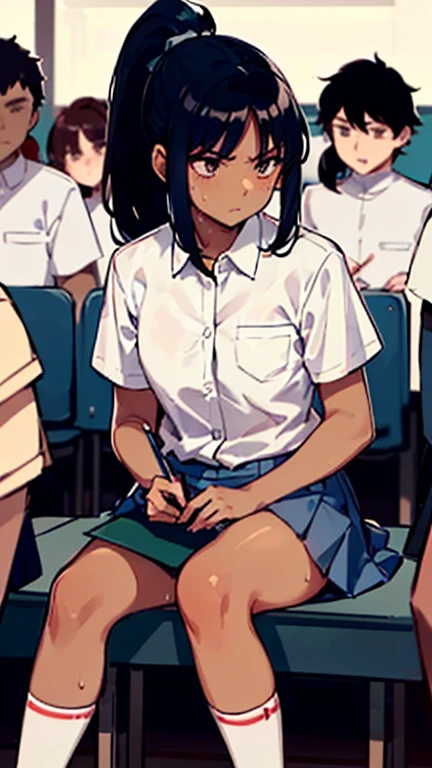 Photo of a young malay female with flat chest (((sitting & writing))) inside (((crowded classroom))), 20yo, skinny body, short body, ((((dark skin)))) , dimples,(serious face), (((ponytail with bangs))), (white button-up shirt), (blue skirt long white socks),(sneakers),(sweat)