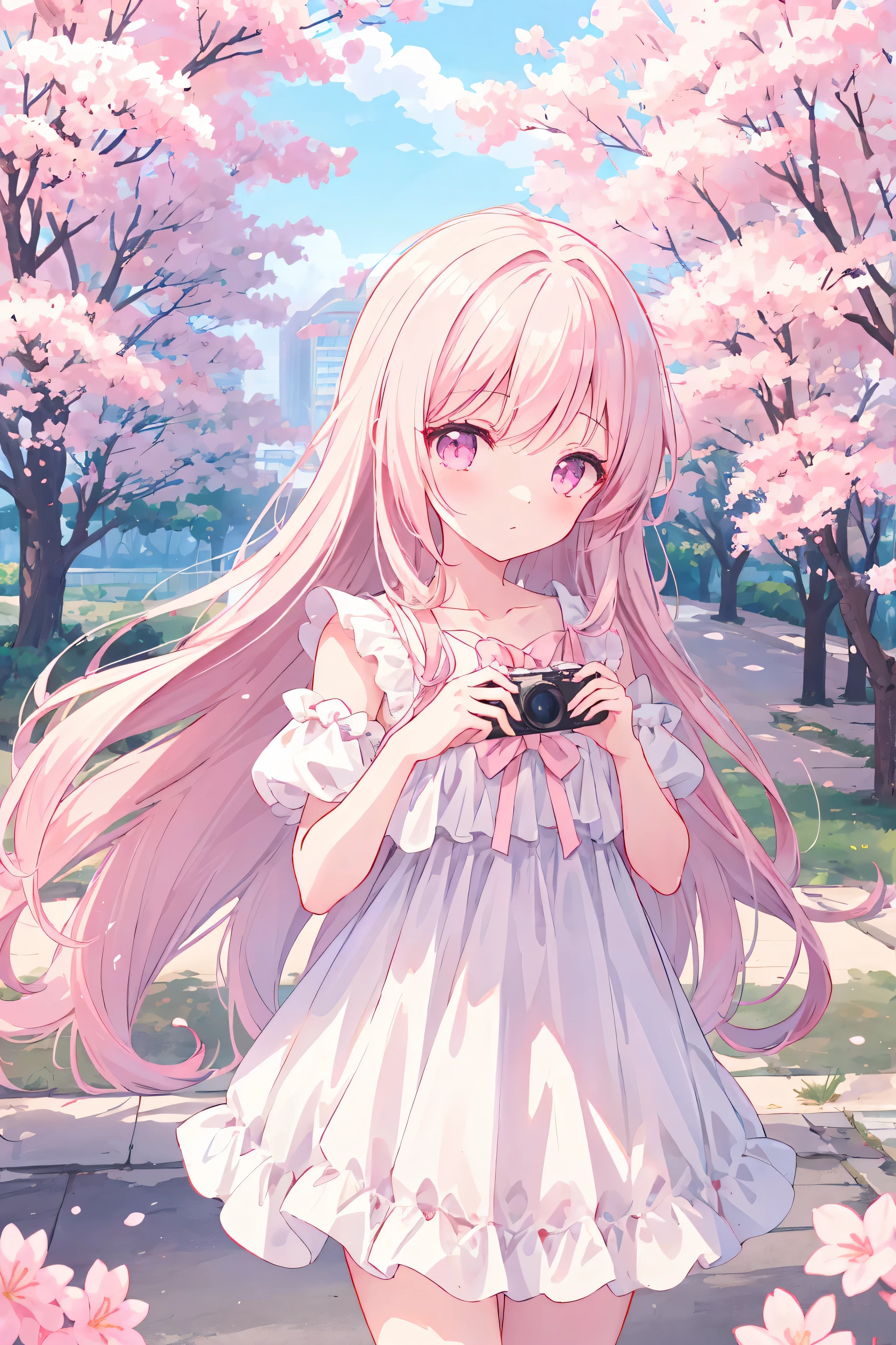 animated girl, longs cheveux blancs, yeux rose pastel, dans une belle robe blanche, Looking at the camera, avec un beau fond d'une ville avec des sakura, bonne anatomie, 8K, high resolution
