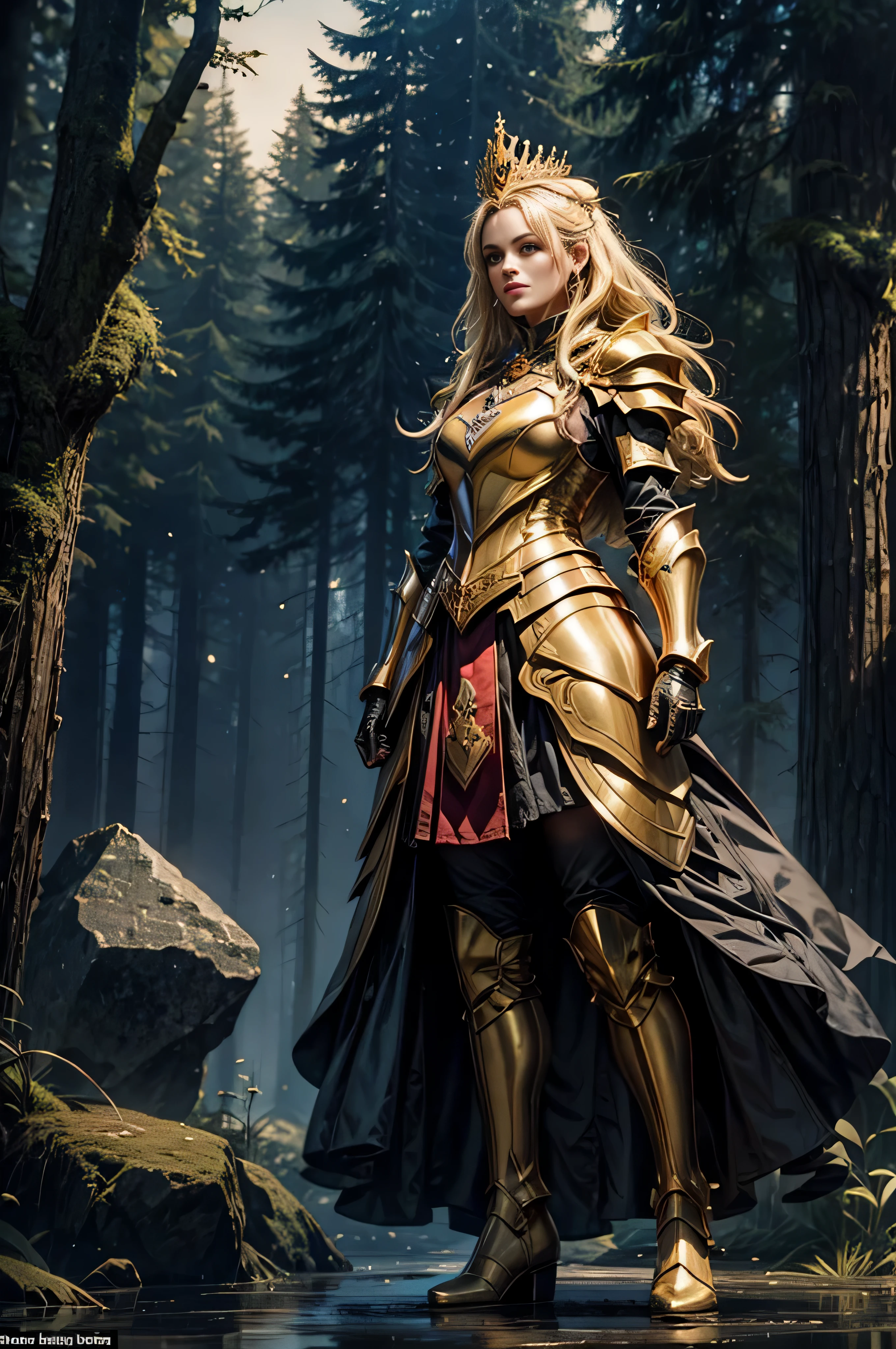 (Asgard), ((Valkyrie)), ((Sexy)), ((Lady Knight)), (anatomical correct), (epic fantasy), 8K, Masterpiece, highres, absurdres, smiling,beautiful BikiniElfGirl, golden hair, forest background, War_Glam, a woman in emerald body armor,armored, wearing War_Glam, elven jewelry, helmet,