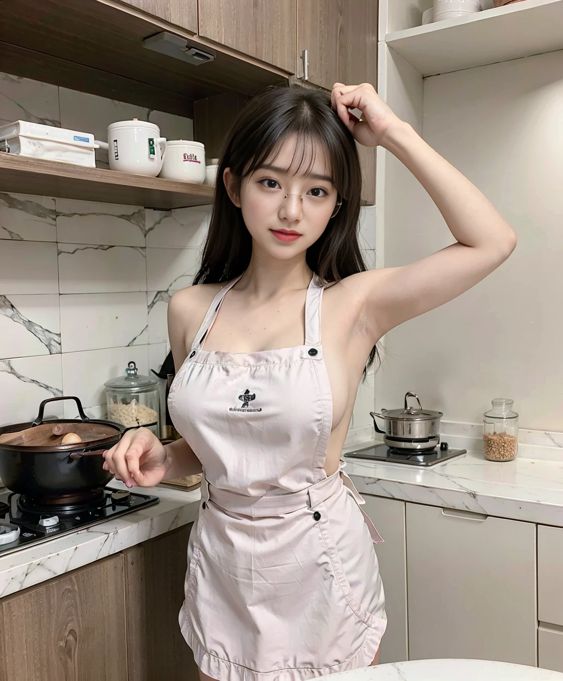 a woman is cooking, (wearing nude kitchen_apron:1.3), good hand,4k, high-res, masterpiece,  glasses, best quality, head:1.3,((Hasselblad photography)), gravure pose, finely detailed skin,arm upper behind head, sharp focus, (cinematic lighting), soft lighting, dynamic angle, [:(detailed face:1.2):0.2], medium breasts, sweaty skin:1.2, (((inside kitchen)))