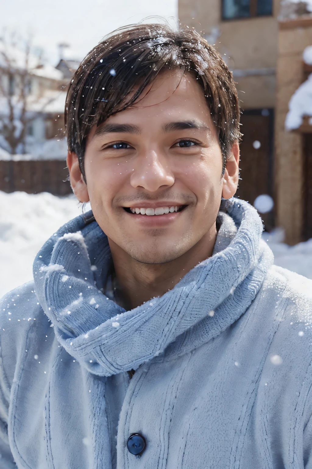 blue sky background, Beautiful Men, brown eyes, 극 realistic, extremely delicate, smiley face, Male in his 30s, soft laughter, realistic, Adonis, snowy winter, blue neck stone,
