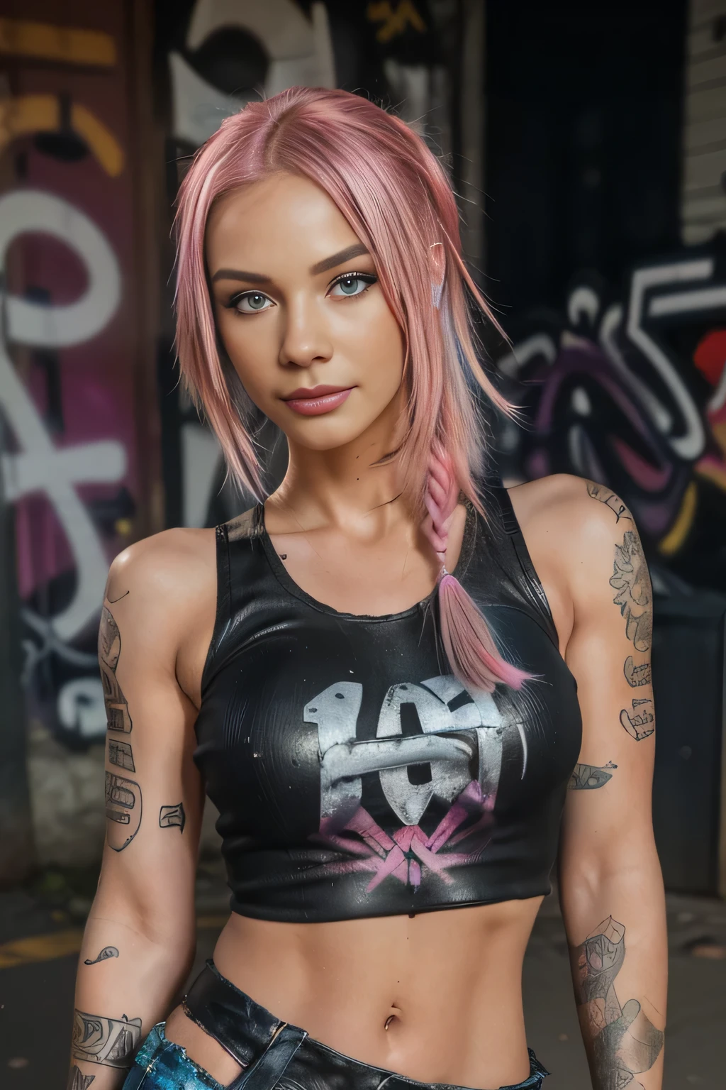 (RAW,, Nikon Z 14mm ultra-wide angle lens, award-winning glamour photography, ((best quality)), ((masterpiece)), ((realistic)), skin pores, subsurface scattering, radiant light rays, high resolution, detailed facial features, high detail, sharp, smooth, aesthetic, extremely detailed focutremely detailed eyes, extremely detailed iritremely detailed hair, extremely detailed skin, extremely detailed clothing, octane rendering, photorealistic, realistic, post-processing, maximum detail, realistic shadows, roughness, natural skin texture, real life, ultra-realistic, photorealism, photography, 8k UHD, photography, HDR, intricate, elegant, highly detailed, sharp focus, stunning, beautiful, beautiful), (masterpiece: 1.2), (best quality: 1.2), perfect eyes, perfect face, volumetric lighting, 1girl, young woman, punk, mohawk, shredded clothes, tattoos, smile, paint, graffiti,  environment, pink hair, blue eyes, fingerless gloves, t-shirt, leather pants, detailed background of the alley
 cancel
