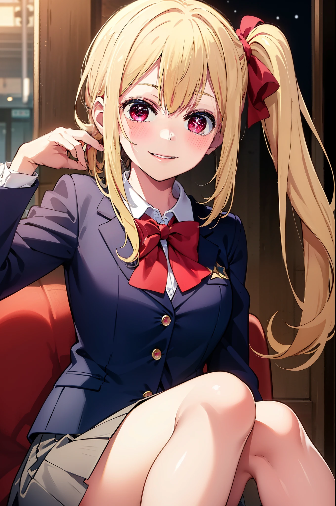 masterpiece, highest quality, 8K, 超High resolution, highest quality, best writing, beautiful face, 1 girl, alone,  Hoshino Ruby, pupil in the shape of a symbol, (Left star-shaped pupil:1.2), sparkling eyes, (Left star:1.2), symbol in eyes, red eyes, long hair, blonde hair, bangs, blush, (side ponytail:1.1), (blue blazer:1.2), (gray pleated skirt:1.3), (red bow tie:1.3), In front of the station, best smile, (masterpiece:1.2), High resolution, highest quality, 8K, very clear,