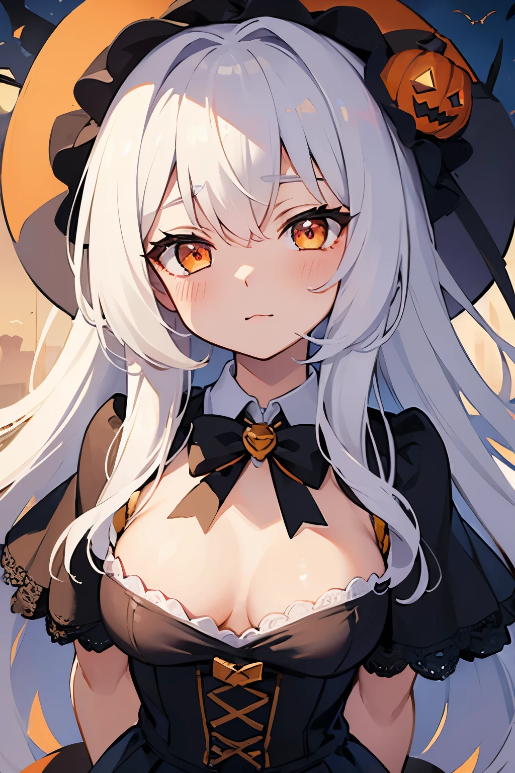 (((masterpiece))), top quality, super detailed, blush, Cute and playful, The chest is large, Halloween costumes, white hair, orange eyes,Fluffy hairstyle,  Pleasant eyes, Kind expression