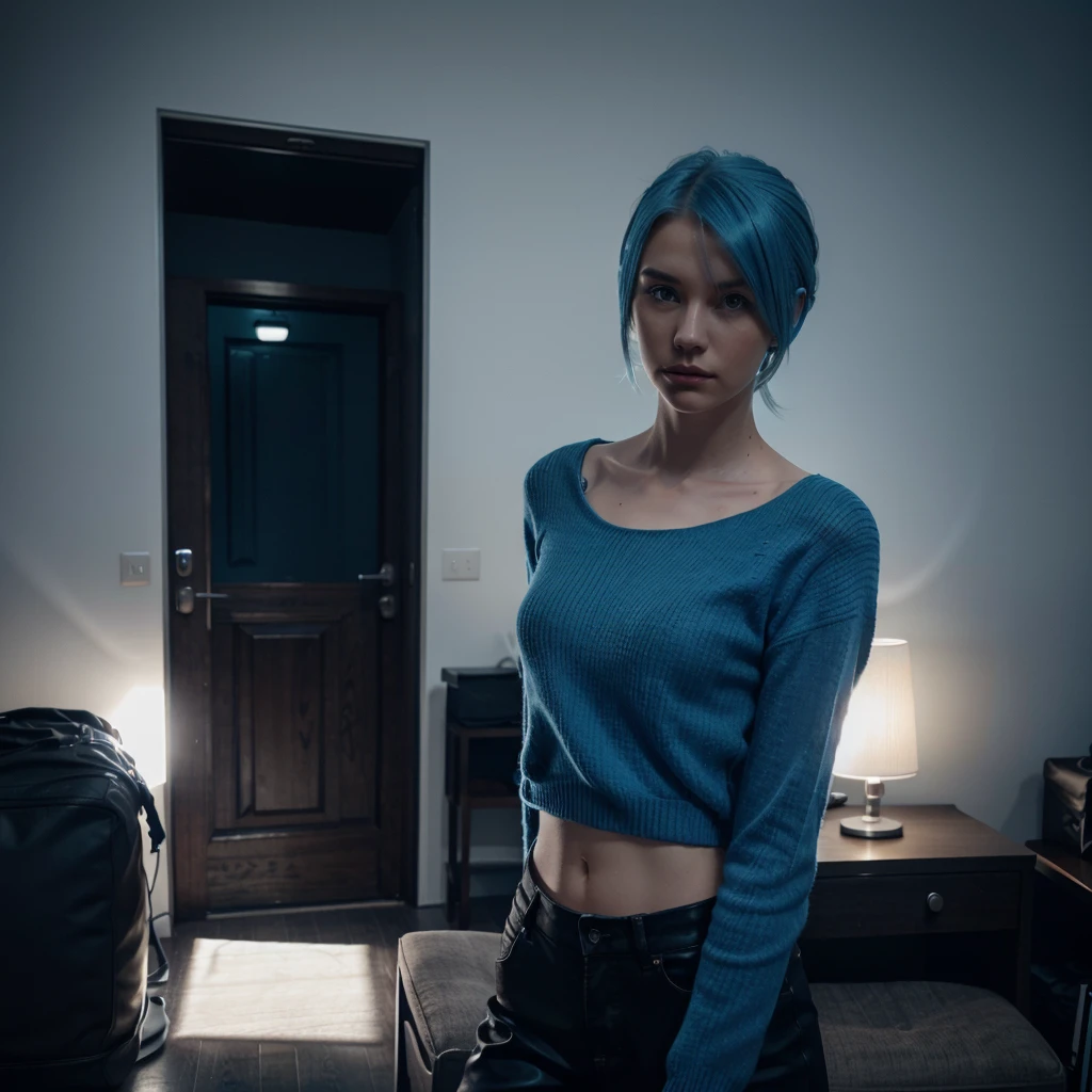 A slender 20 year old model (a nordic style women with blue hair, high quality, cinematic lighting, 8k